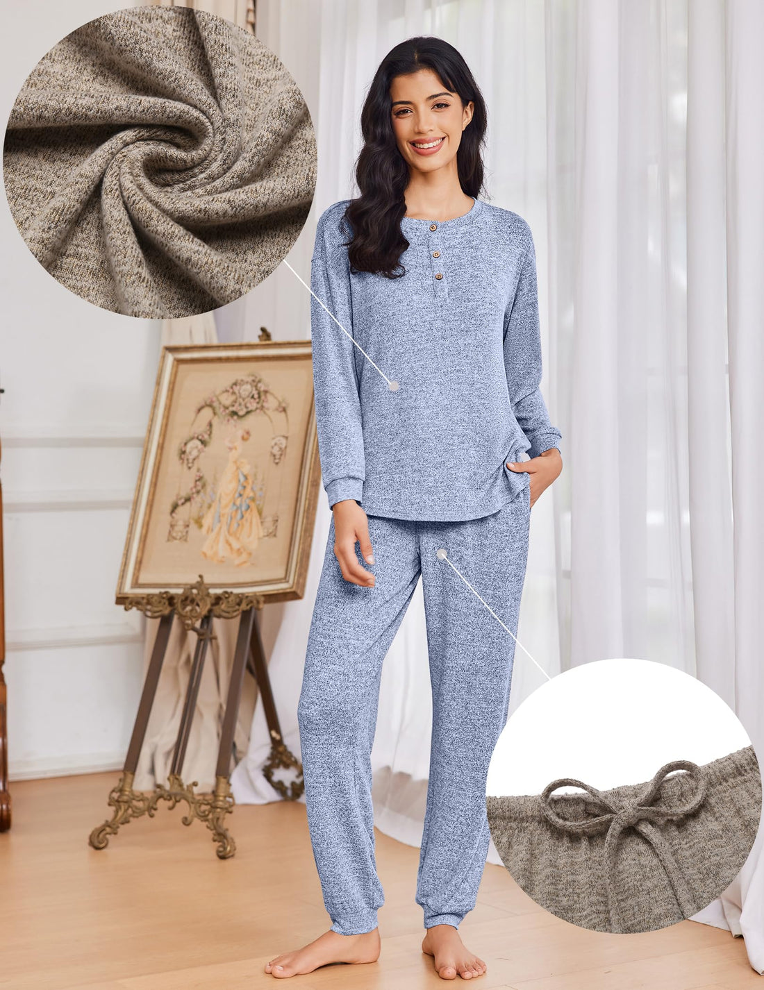 Ekouaer Womens Pajama Sets Long Sleeve Lounge Set 2 Piece Pj Sets for Women Henley Neck Casual Sleepwear Loungewear S-XXL