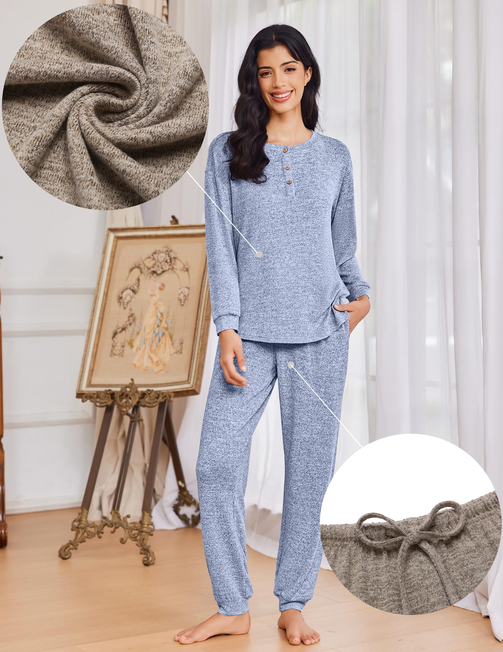 Ekouaer Womens Pajama Sets Long Sleeve Lounge Set 2 Piece Pj Sets for Women Henley Neck Casual Sleepwear Loungewear S-XXL