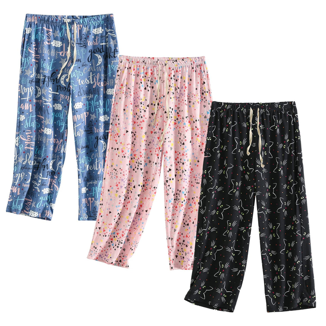 PNAEONG 3 Pack Women Pajama Pants Capri Length Drawstring Pj Bottoms Sleep Lounge Pants with Pockets S-3XL
