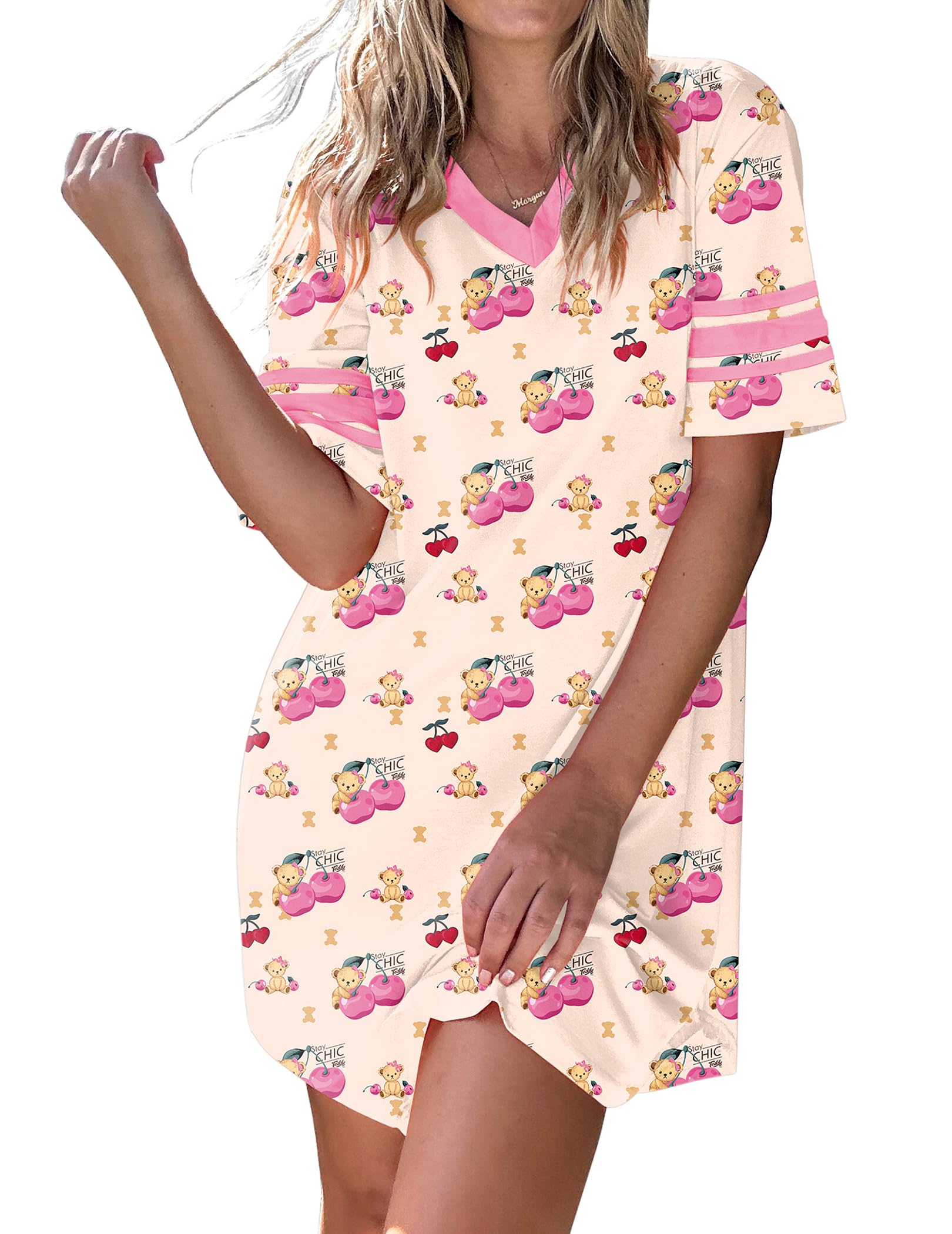 Ekouaer Nightgowns for Women Cotton Night Gown Short Sleeve Sleepwear V Neck Color Block Sleep Shirts Ladies Night Shirts