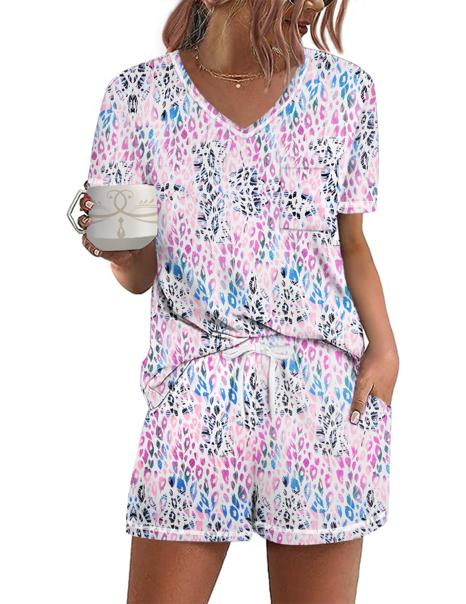 Ekouaer Women's Pajamas Sets Short Sleeve Pjs Two Piece Sleepwear Casual Lounge Sets With Pockets