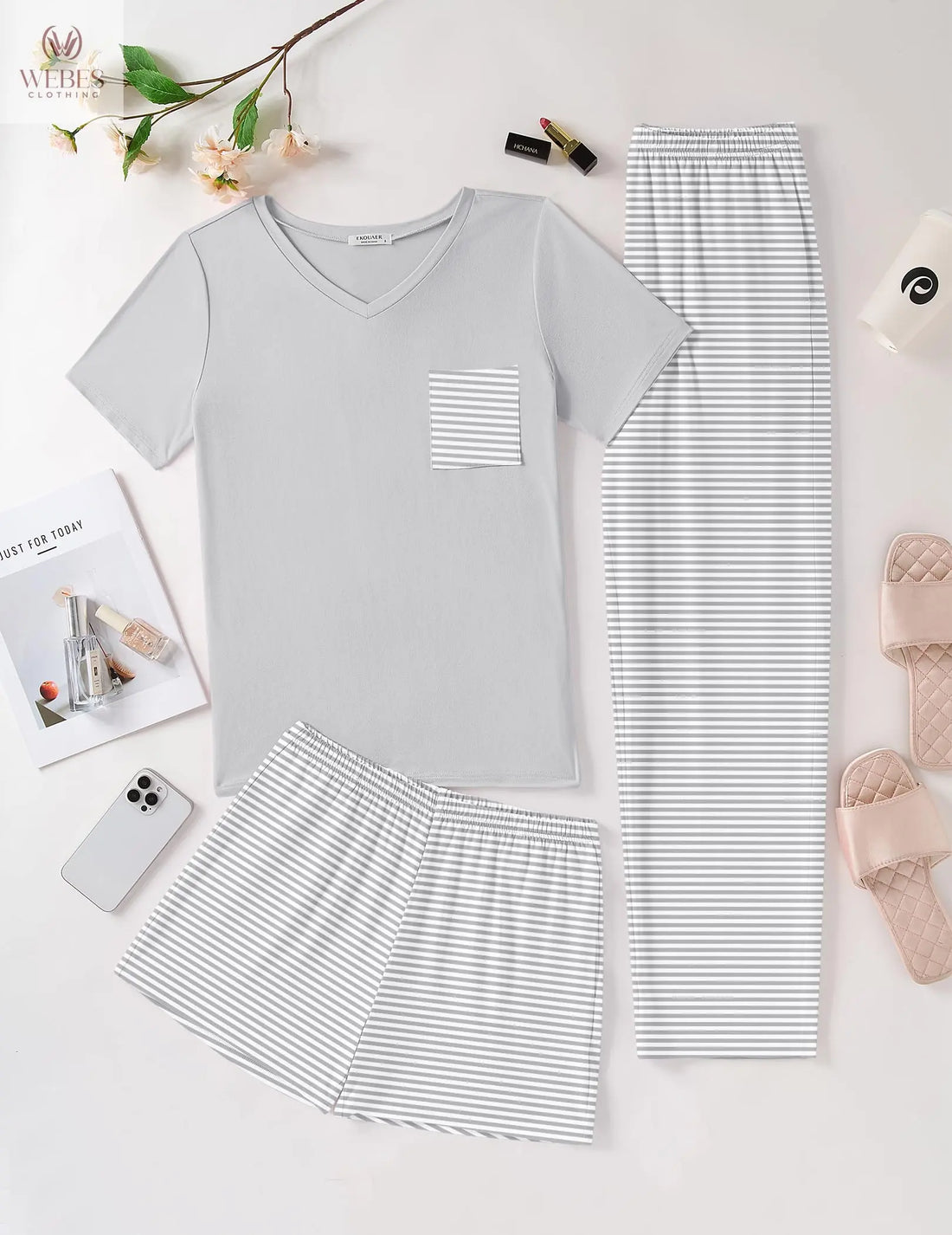 Ekouaer Women's 3 Piece Pajama Set Short Sleeve Sleepwear Pj Set Top and Shorts Pants Pjs with Pockets WEBE CLOTHING