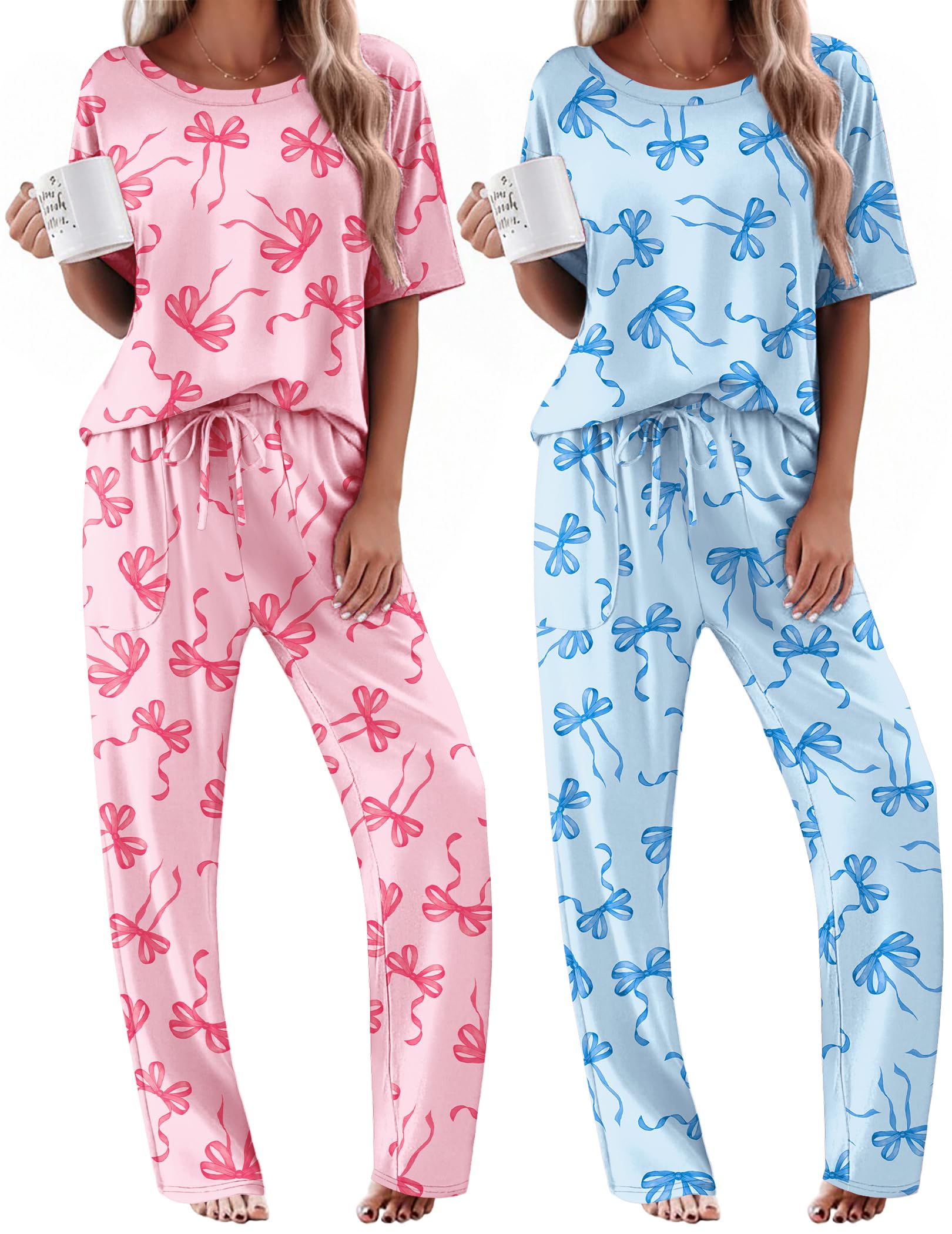 Ekouaer 2 Pack Womens Pajama Sets Short Sleeve Tops and Long Pants Casual Comfy Pjs Lounge Set with Pockets,S-XXL