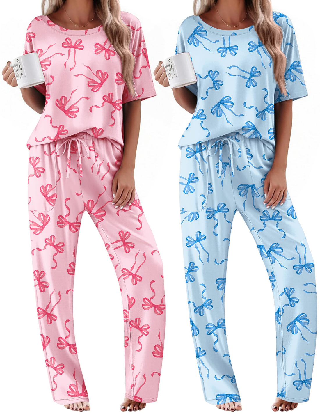 Ekouaer 2 Pack Womens Pajama Sets Short Sleeve Tops and Long Pants Casual Comfy Pjs Lounge Set with Pockets,S-XXL
