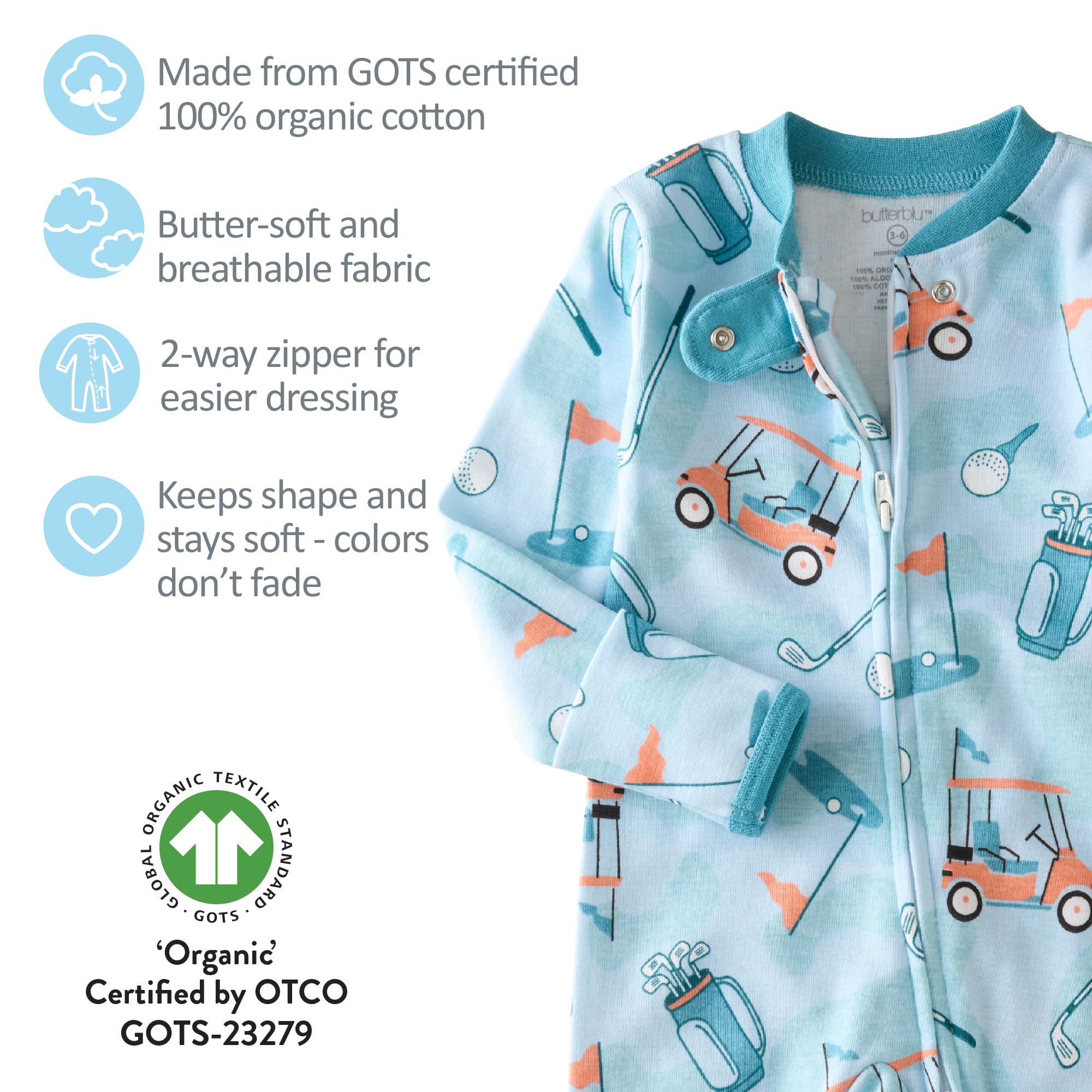 Butterblu Shadow Sleep & Play Baby Pajamas 100% Organic Cotton Two Way Zipper Sleeper Pajamas for Baby Boys & Girls