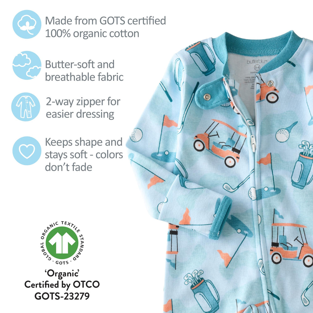 Butterblu Shadow Sleep & Play Baby Pajamas 100% Organic Cotton Two Way Zipper Sleeper Pajamas for Baby Boys & Girls