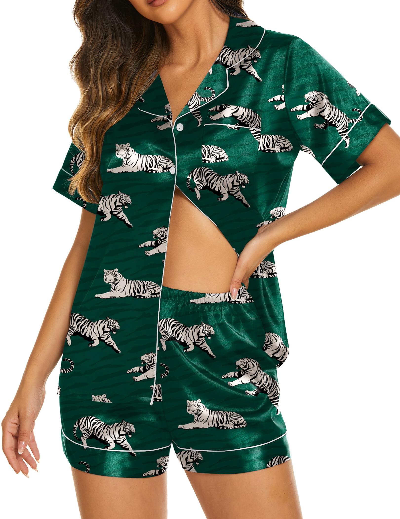 Ekouaer Silk Pajamas for Women Short Sleeve Sleepwear Soft Button Down Loungewear 2 Piece Satin Pjs Shorts Set WEBE CLOTHING