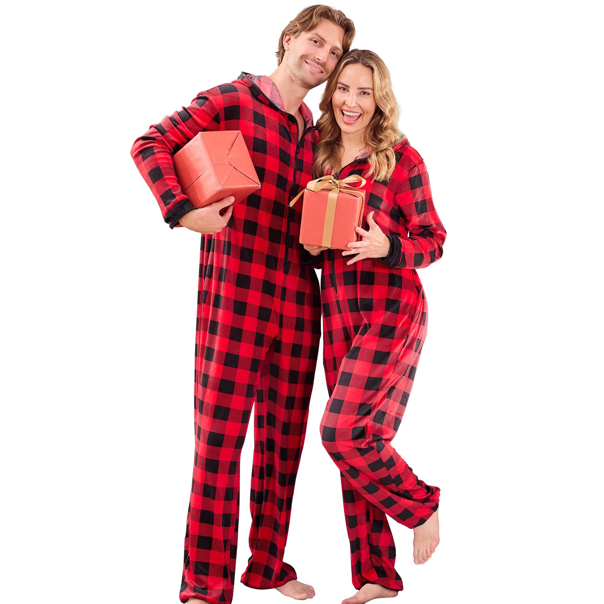 PJGGZ Onesie Couples Matching Pajamas - Funny Plaid Zipper Hooded Pjs Sets for Women & Men Soft Warm Christmas Jumpsuit WEBE CLOTHING