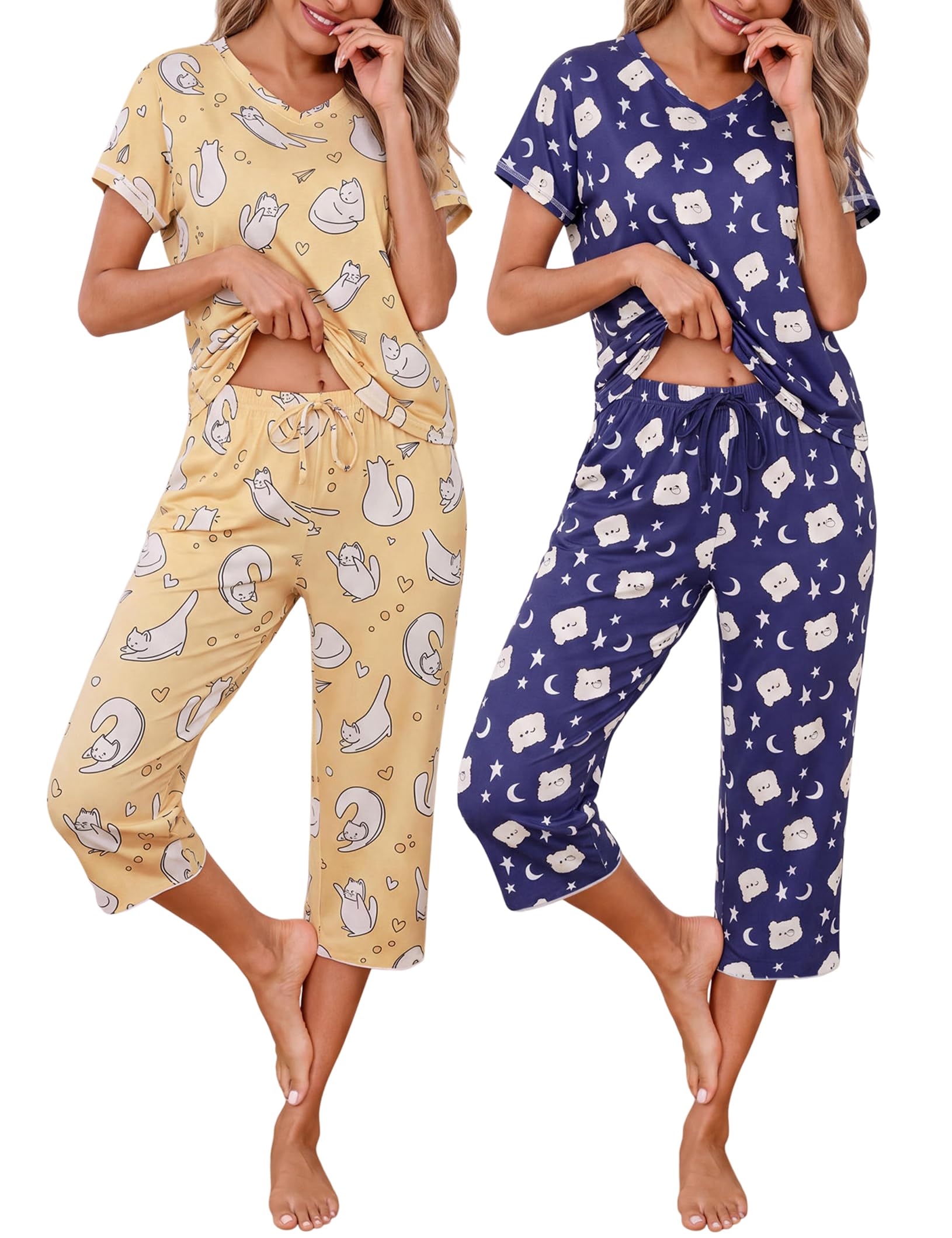 Marvmys Womens 2 Pack Pajama Sets Short Sleeve Sleepwear Capri Pants Pjs | Pockets, Lightweight, Cooling Pyjamas, Nightwear Comfy for Daily Wear, Pajams sets, Sleep, Travel, Wife, Mom WEBE CLOTHING