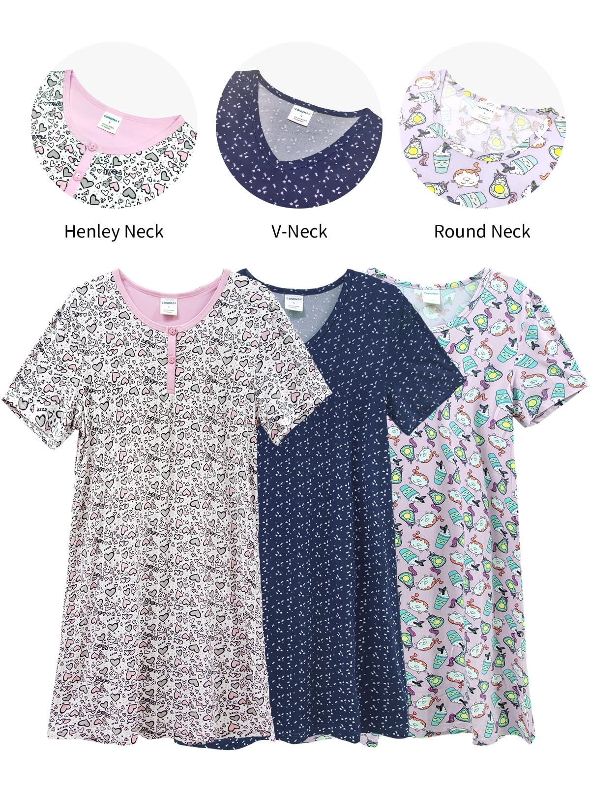 3 Pack Nightgowns for Women Short Sleeve Night Gown Soft Sleep Shirts Women's Sleepwear Print Sleep Dress WEBE CLOTHING