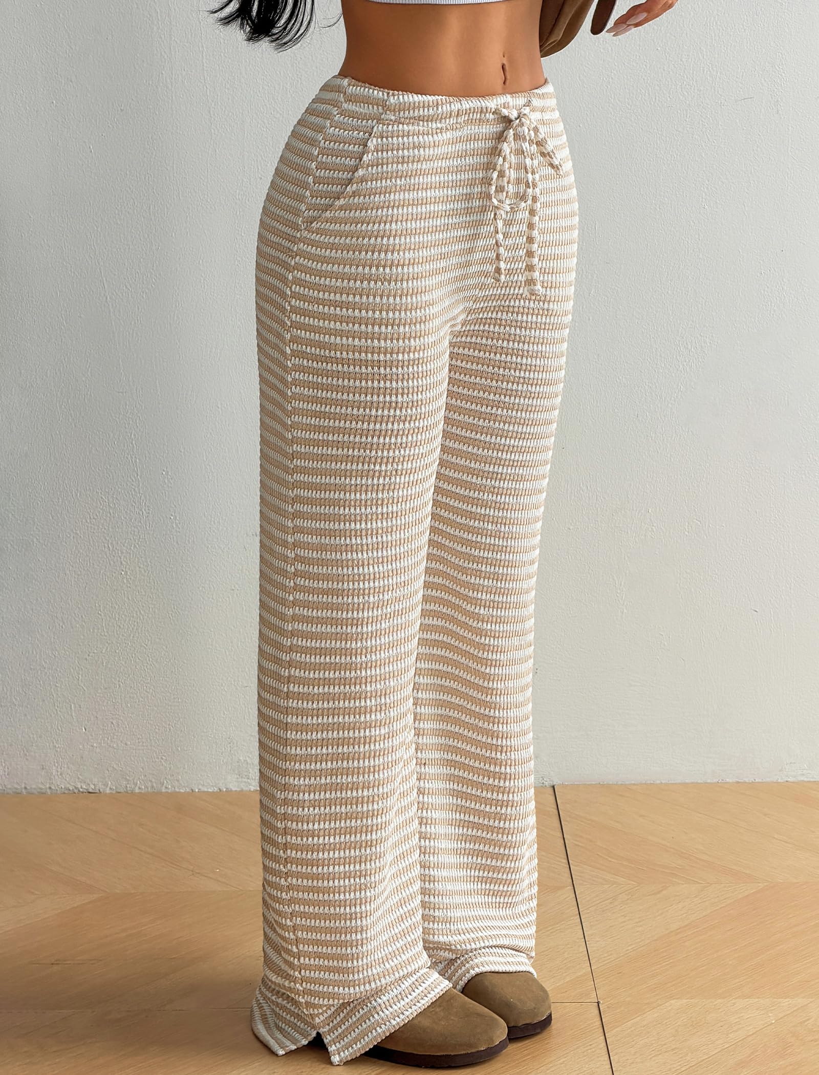 ZAFUL Women's Striped Pants Casual Fold Waist Wide Leg Pants Lightweight Comfy Stretchy Loose Lounge Pajama Pants