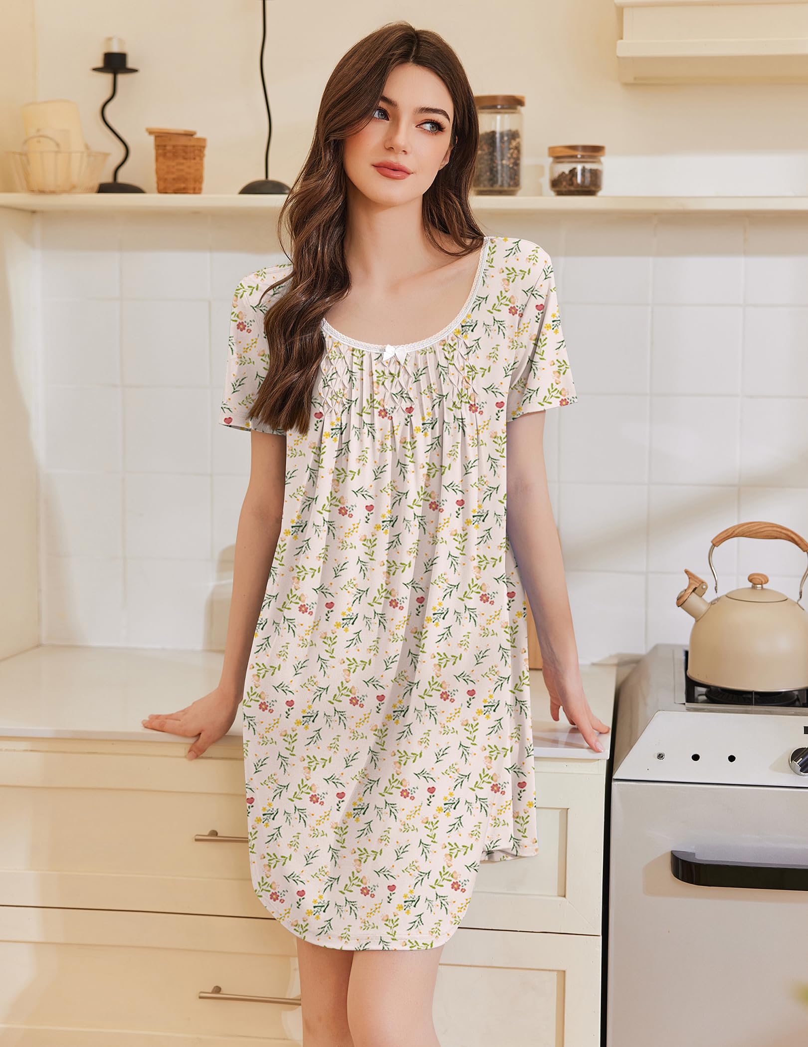 Ekouaer Nightgowns for Women Pleated Sleep Shirts Short Sleeve Night Shirts Lace Trim Night Gown Ladies Sleep Dress