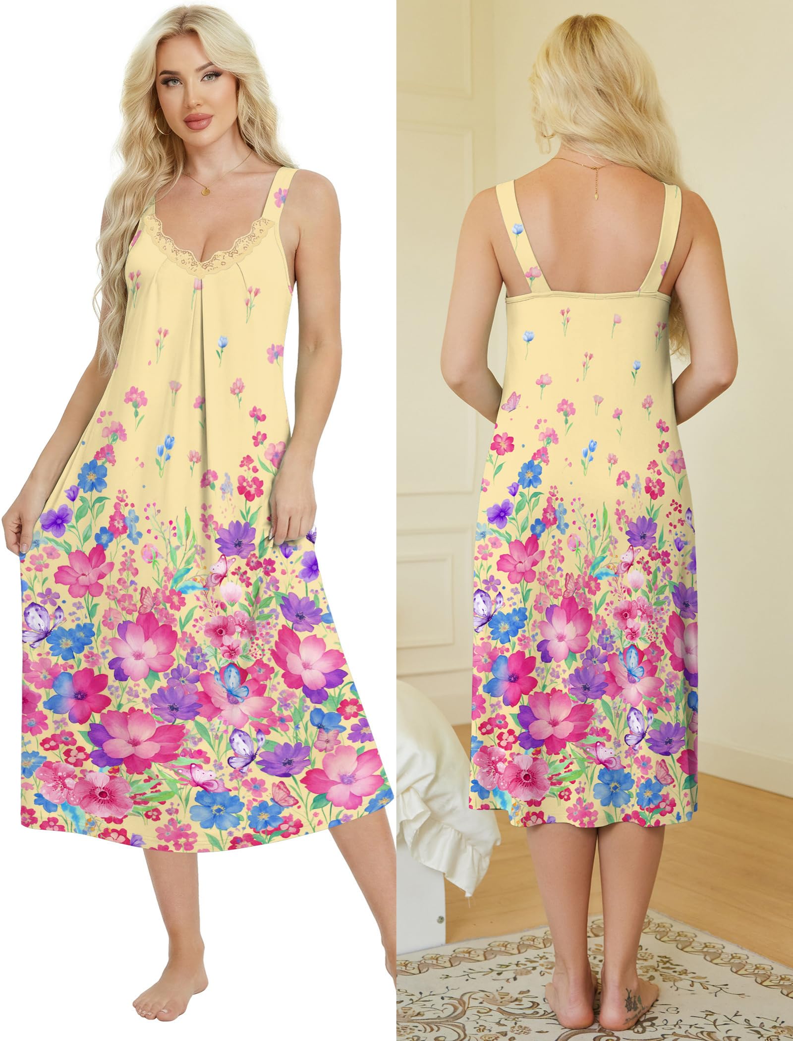Ekouaer Sleeveless Nightgowns for Women Lace V-neck Long Nightdress Wide Strap Sleepwear Soft Lounge Dresses WEBE CLOTHING