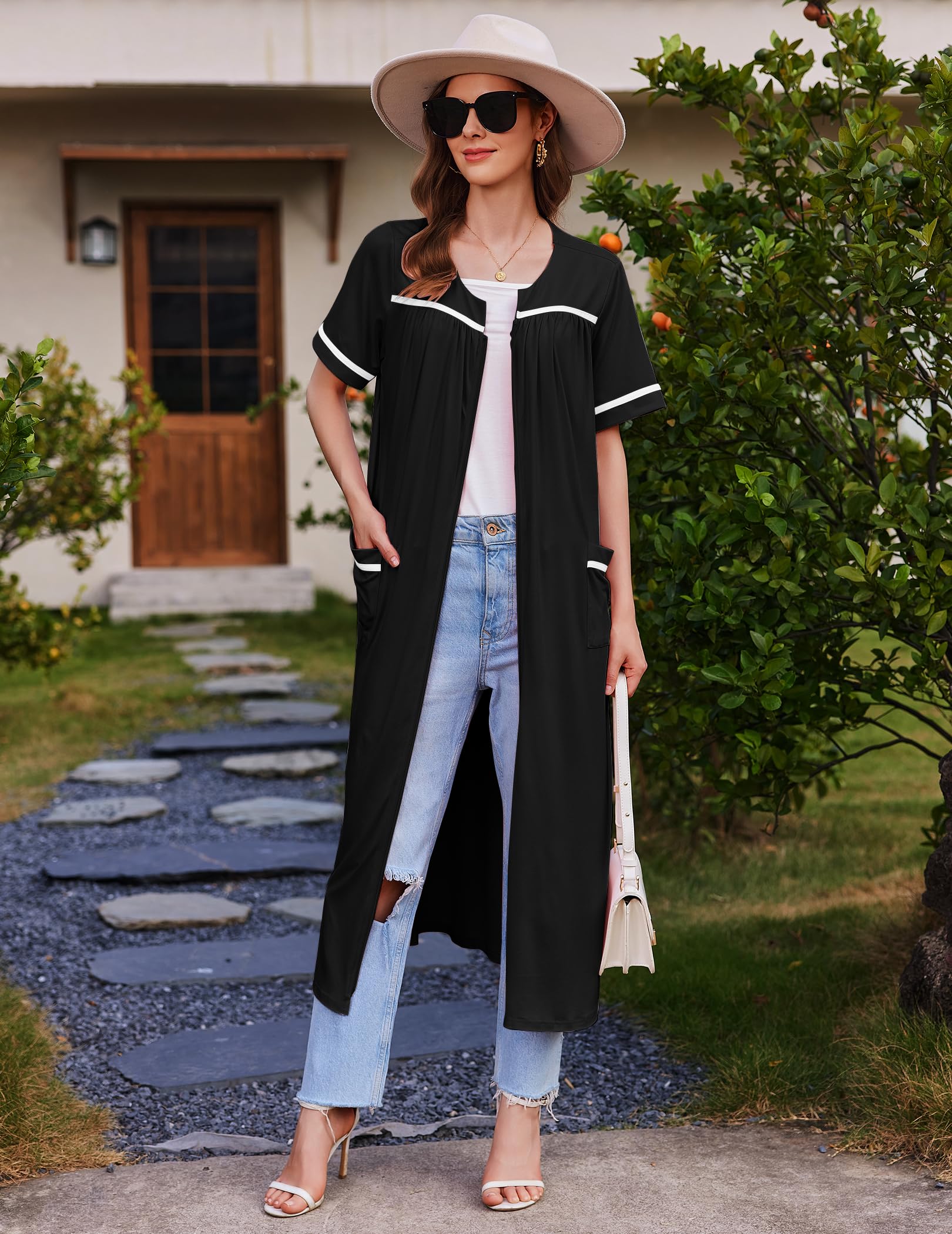 Ekouaer Zipper Robes for Women Short Sleeve Bathrobe Soft Lightweight Housecoat Full Length Nightgown with Pockets S-3XL WEBE CLOTHING