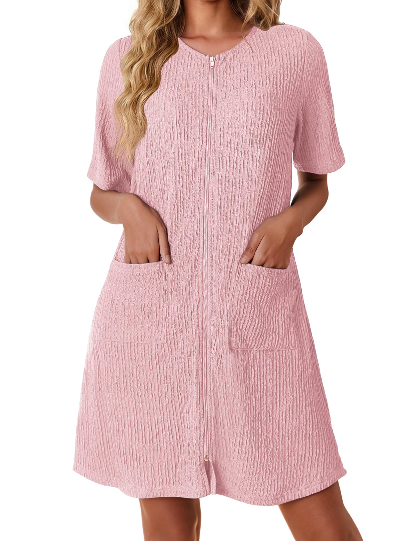 Ekouaer Women Zipper Robes Knit Short Bathrobe Lightweight House Coat with Pockets Soft Nightgown S-XXL WEBE CLOTHING
