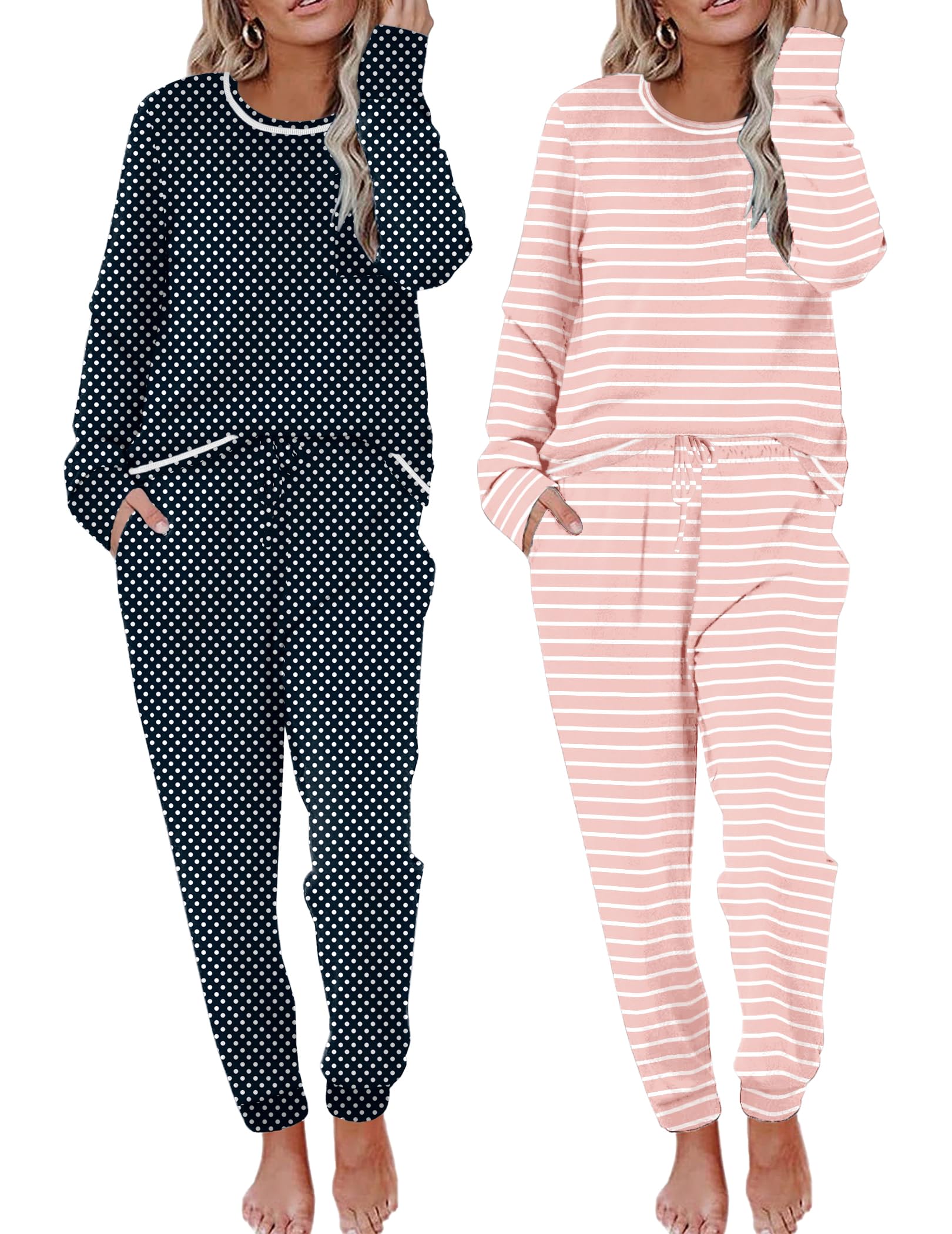 Ekouaer 2 Pack Womens Pajama Sets Long Sleeve Lounge Sets Soft Pj Sleepwear Loungewear