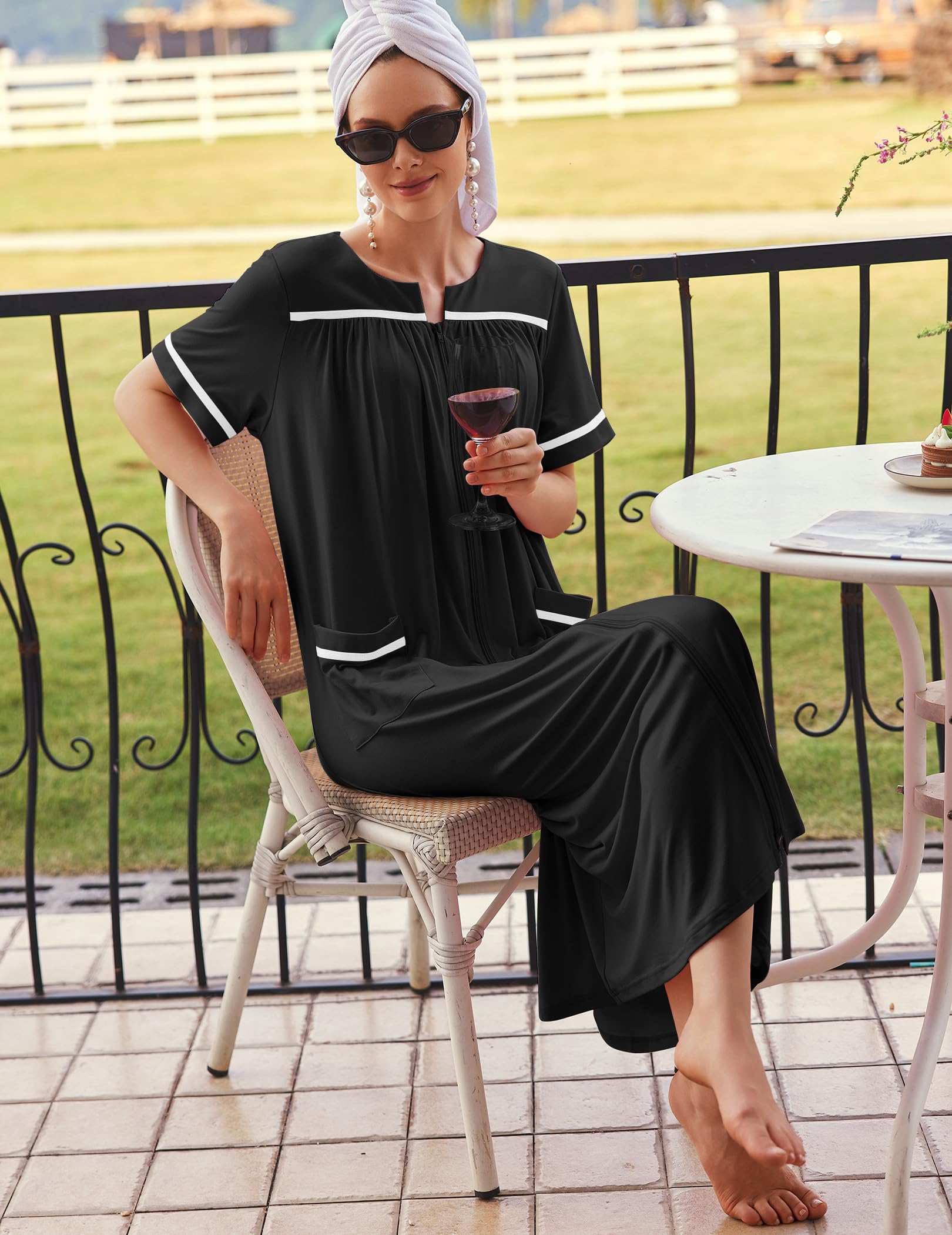 Ekouaer Zipper Robes for Women Short Sleeve Bathrobe Soft Lightweight Housecoat Full Length Nightgown with Pockets S-3XL WEBE CLOTHING
