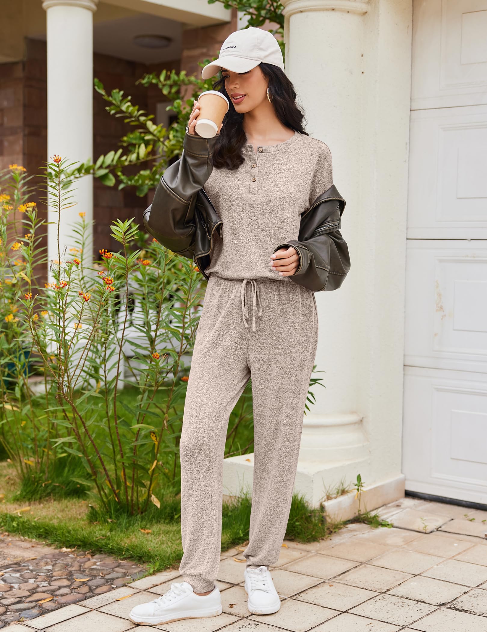 Ekouaer Womens Pajama Sets Long Sleeve Lounge Set 2 Piece Pj Sets for Women Henley Neck Casual Sleepwear Loungewear S-XXL