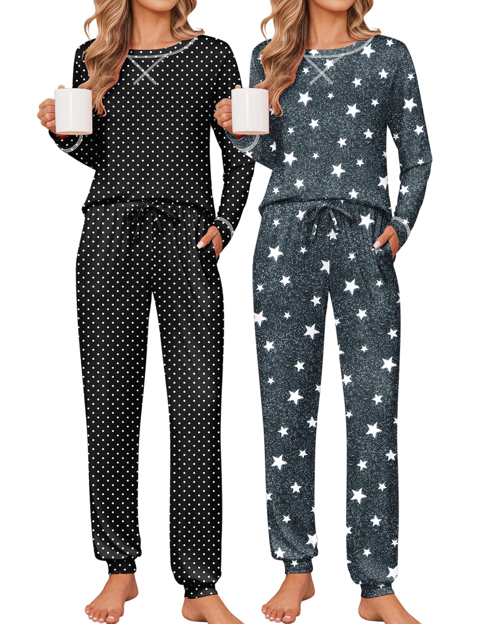 Ekouaer 2 Pack Pajama Sets for Womens Jogger Pants Pjs Long Sleeves Lounge Set Soft Sleepwear with Pockets