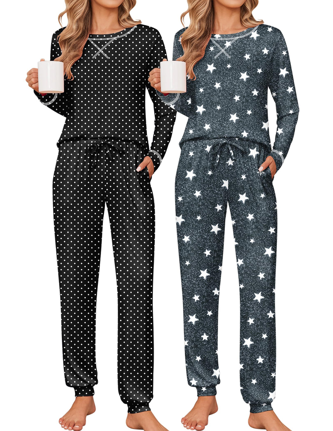 Ekouaer 2 Pack Pajama Sets for Womens Jogger Pants Pjs Long Sleeves Lounge Set Soft Sleepwear with Pockets