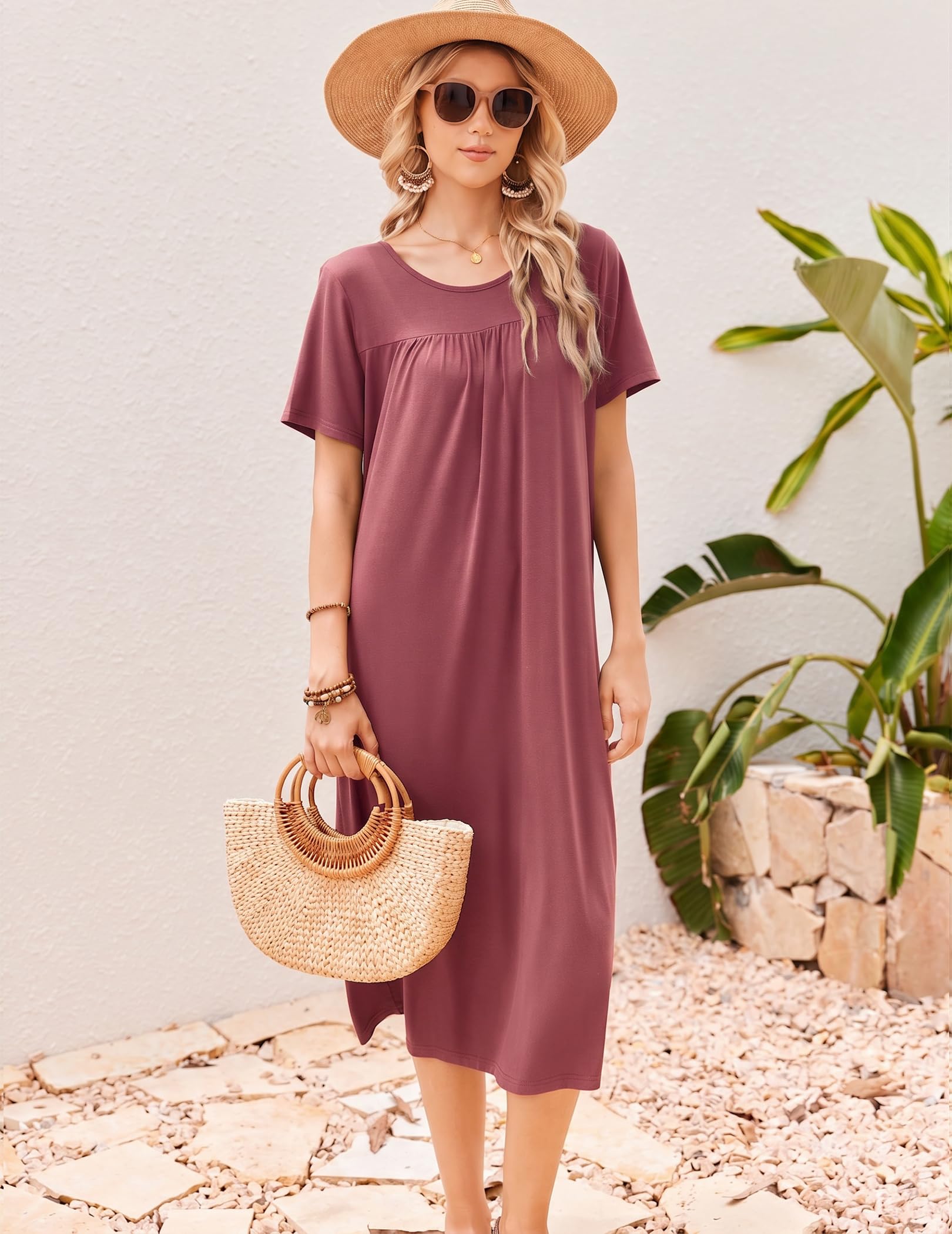 Ekouaer Long Nightgowns for Women Bamboo Viscose Short Sleeve Soft House Dress WEBE CLOTHING