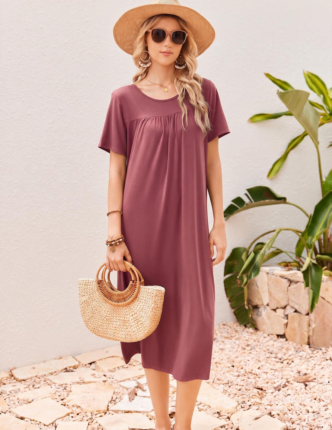 Ekouaer Long Nightgowns for Women Bamboo Viscose Short Sleeve Soft House Dress WEBE CLOTHING