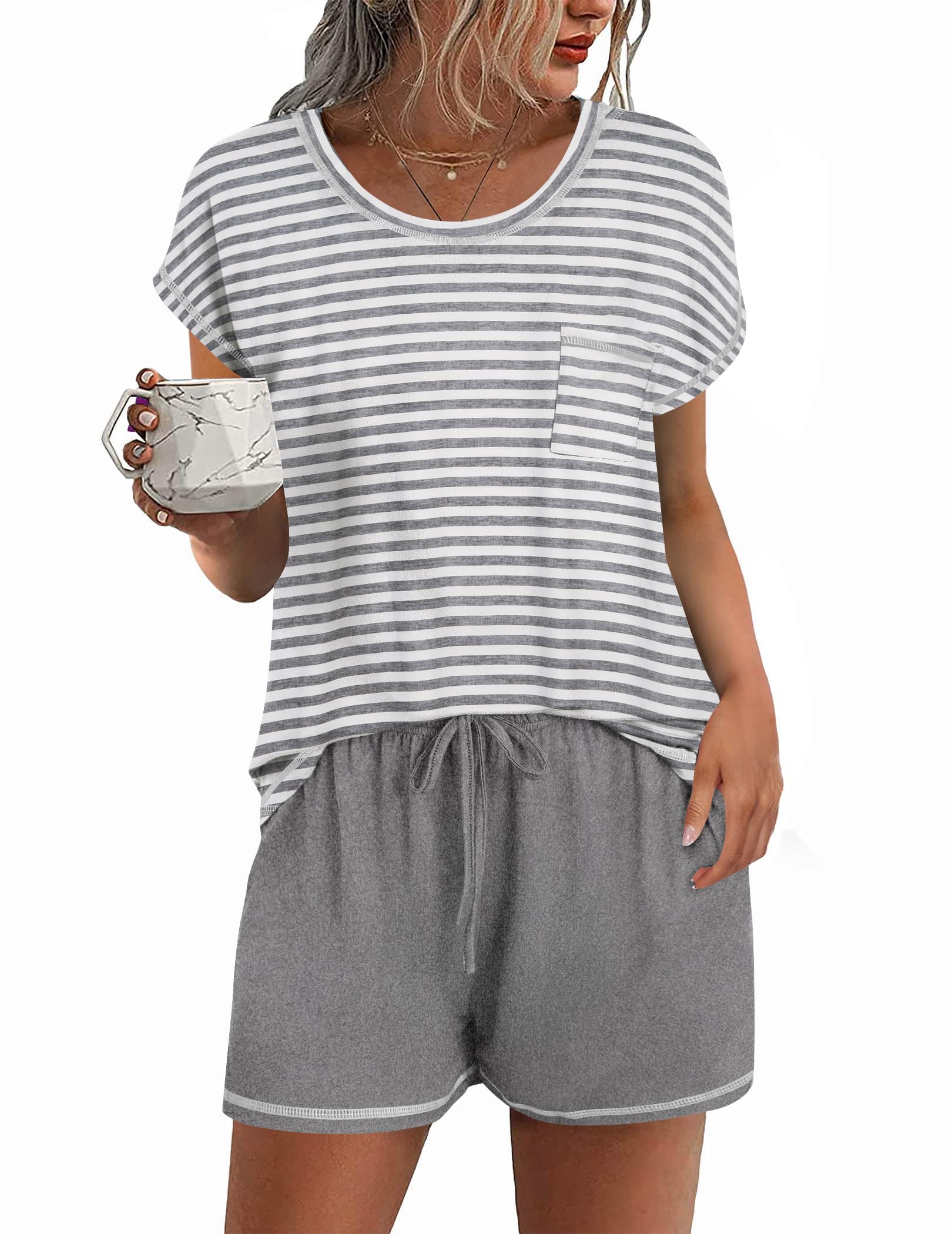 Ekouaer Womens Pajama Sets 2 Piece Soft Short Sleeve Top and Shorts Sleepwear Round Neck Pjs Lounge Set with Pockets