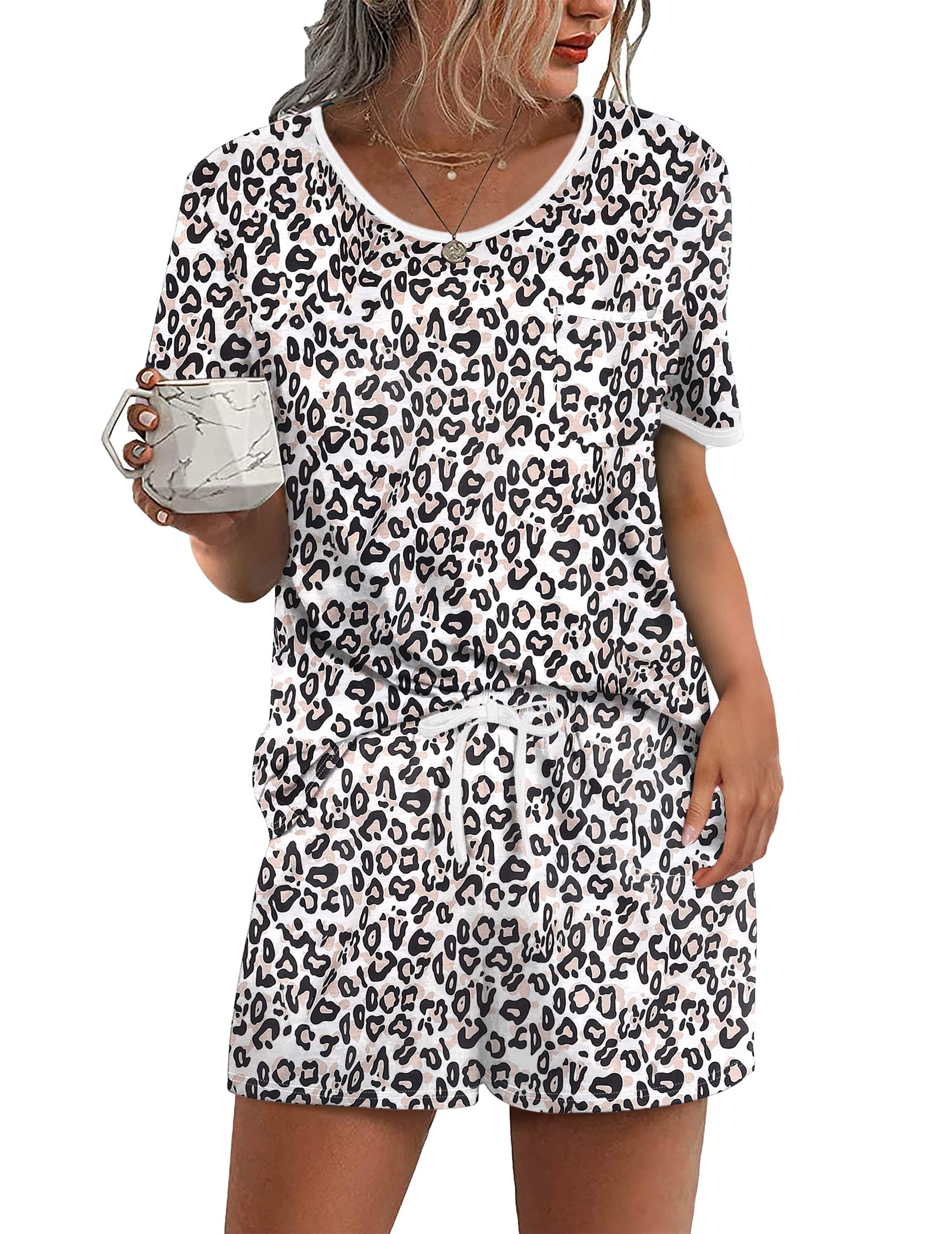 Ekouaer Pajama Set for Women 2 Piece Lounge Set Short Sleeve Tops and Shorts Soft Sleepwear, Chest Pocket