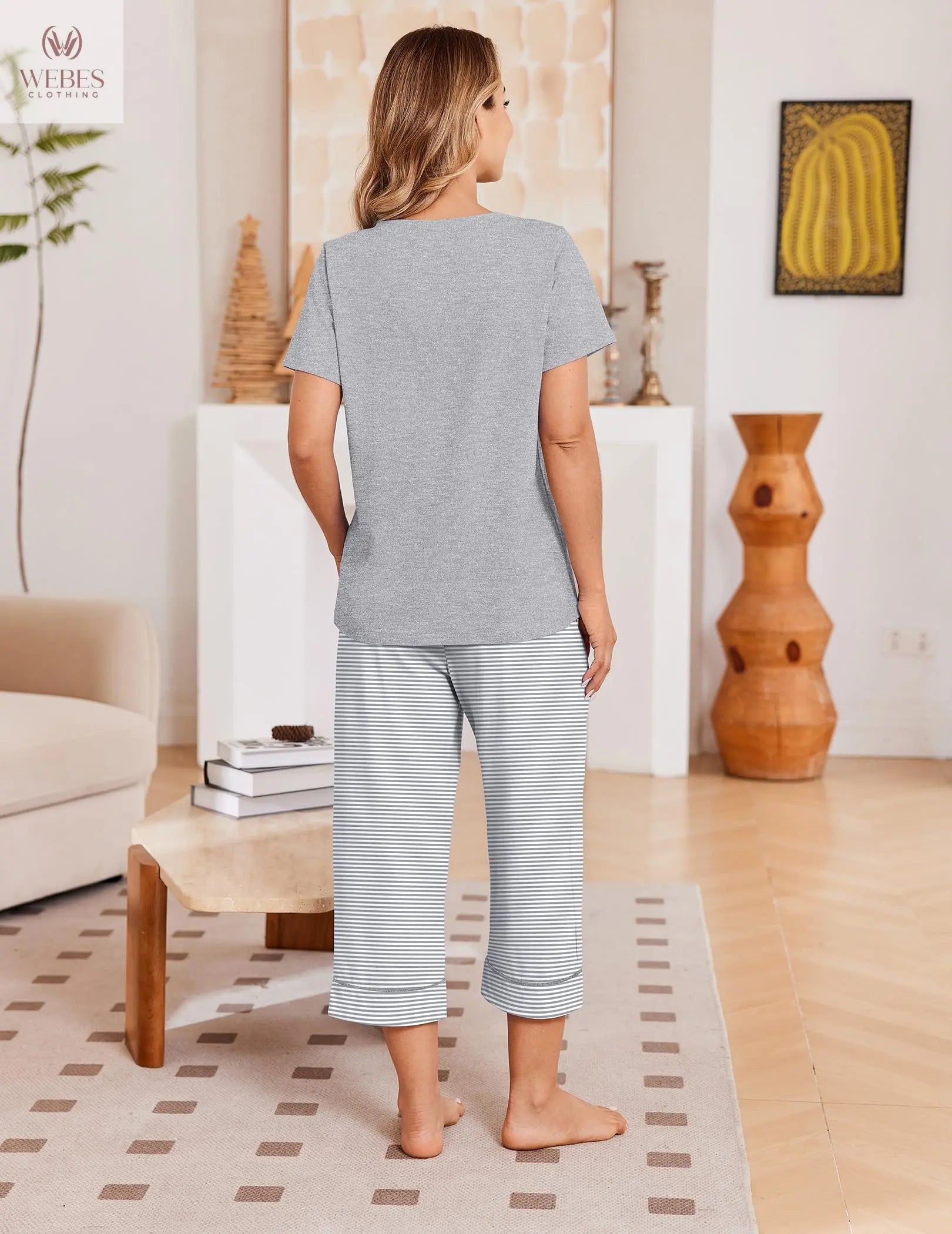 Ekouaer Cotton Pajamas for Women Set Short Sleeve Top and Capri Pants | 2 Pieces Lounge Set with Pockets V Neck Comfy Soft Sleepwear for Mom, Wife, Grandmother WEBE CLOTHING