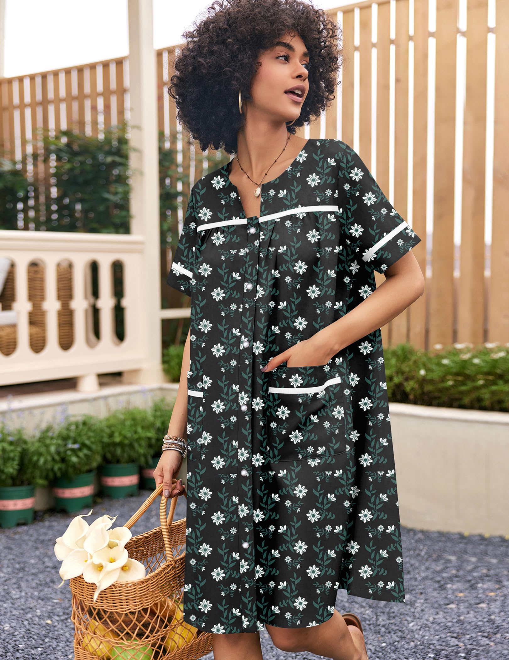 Ekouaer Nightgowns for Women House Dress with Pockets Snap Front House Coat | Duster Mumu Dress, Short Sleeve Moo Moos, Plus Size Sleepwear, Casual Lounge Dress, Labor Delivery Gown, Daily Wear, Home