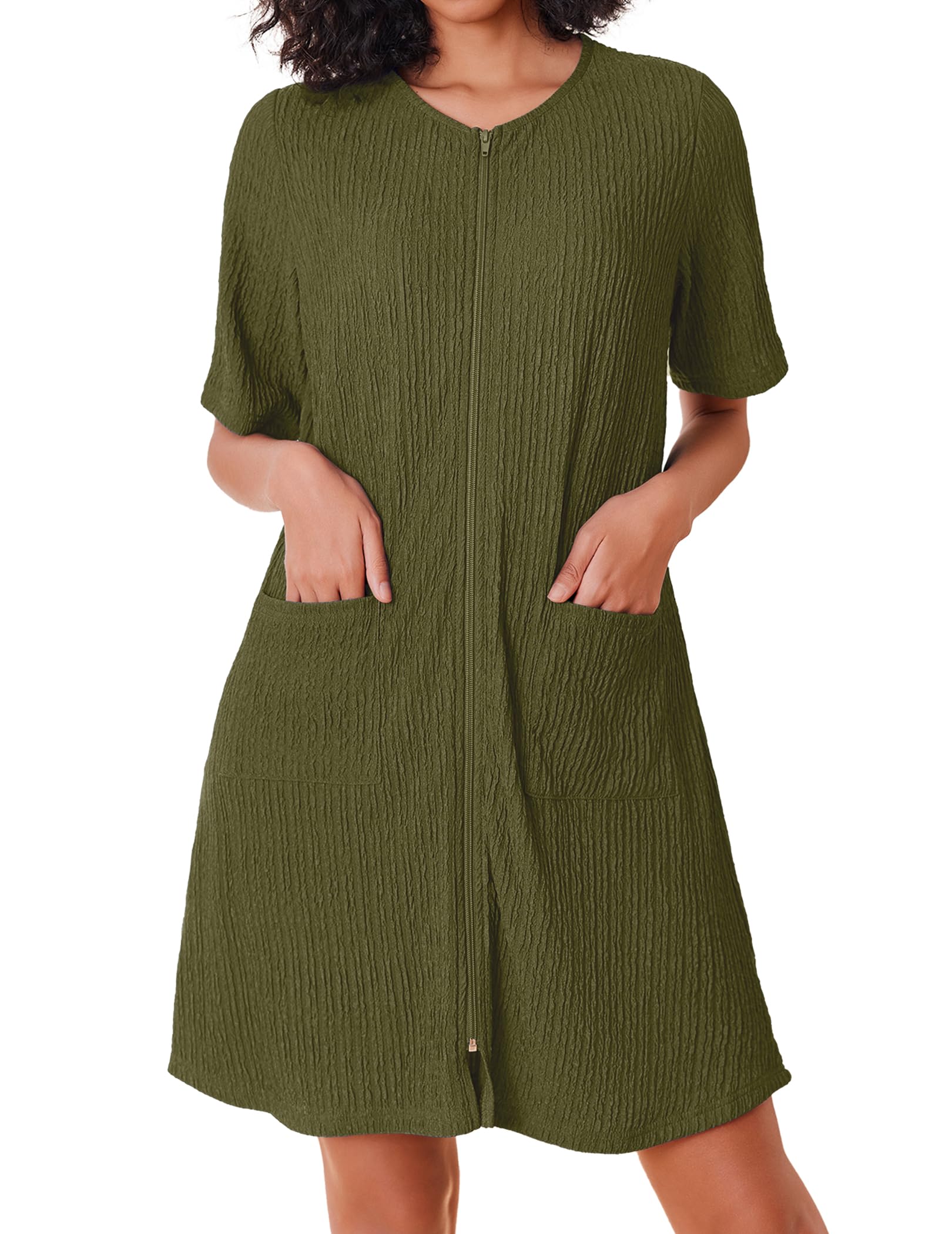 Ekouaer Women Zipper Robes Knit Short Bathrobe Lightweight House Coat with Pockets Soft Nightgown S-XXL WEBE CLOTHING