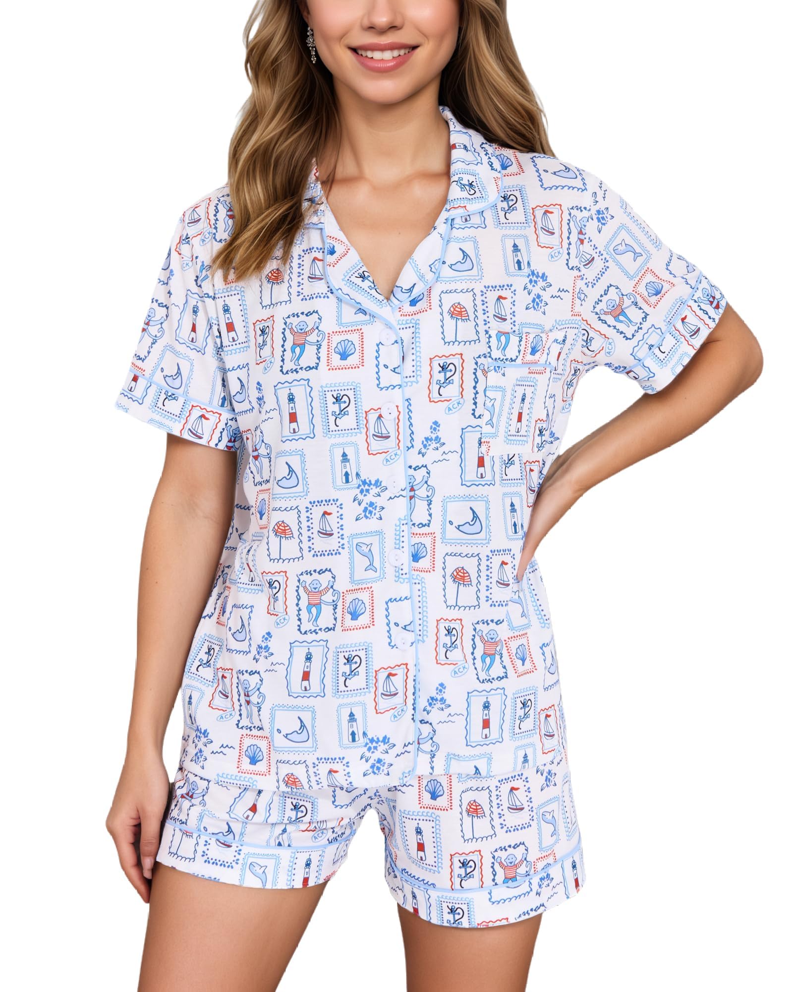 Women Y2k Pajamas Set Cute Preppy 2PCS Button Down Holiday Monkey Shorts Summer Outfit Beach Vacation Loungewear PJs WEBE CLOTHING