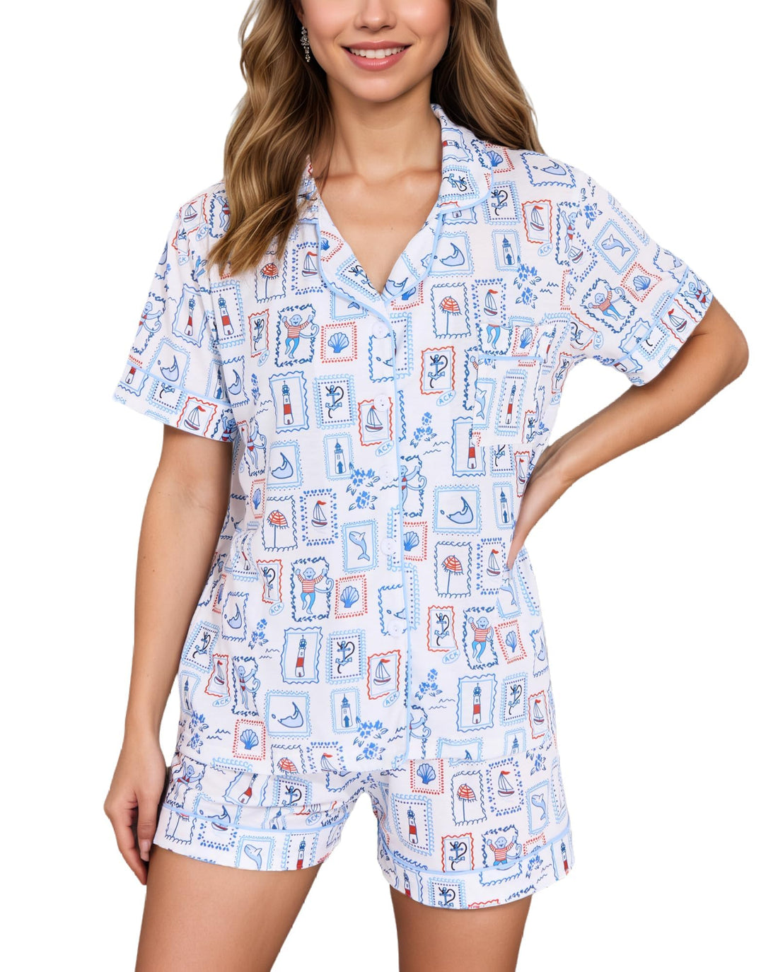 Women Y2k Pajamas Set Cute Preppy 2PCS Button Down Holiday Monkey Shorts Summer Outfit Beach Vacation Loungewear PJs WEBE CLOTHING
