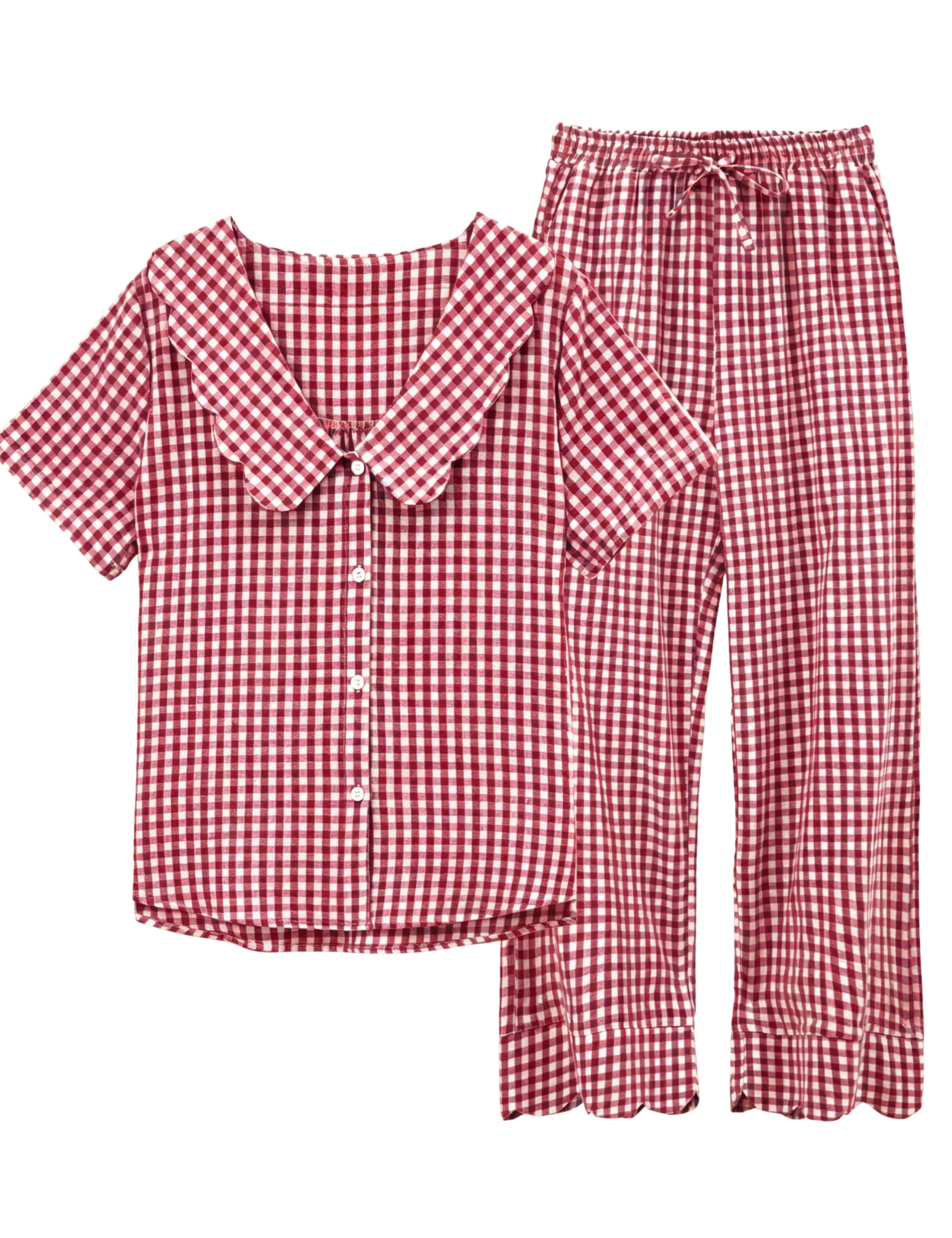 Tanming Womens Gingham 2 Piece Pajamas Sets Puff Sleeve Babydoll Shirt Ruffle Pants Pj Lounge Set Sleepwear WEBE CLOTHING