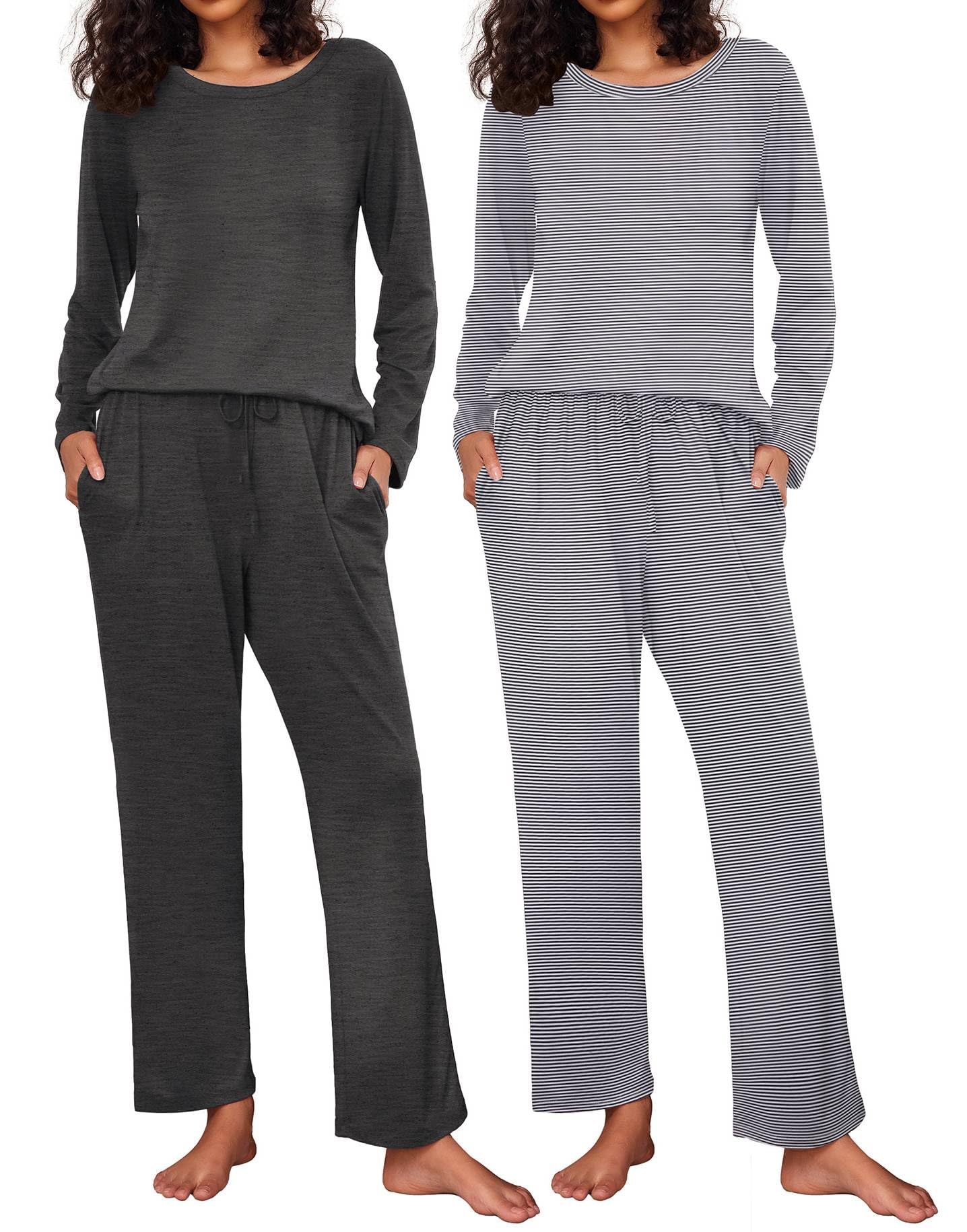 Ekouaer 2 Pack Womens Pajama Sets Long Sleeve Pjs Lounge Set Soft Comfy Sleepwear Winter Loungewear
