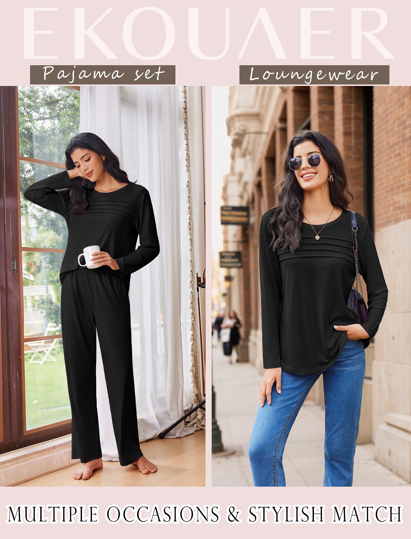 Ekouaer Womens Pajama Sets Pleated Tops with Long Pants Lounge Set Long Sleeve Fall Sleepwear Ladies Pjs S-XXL
