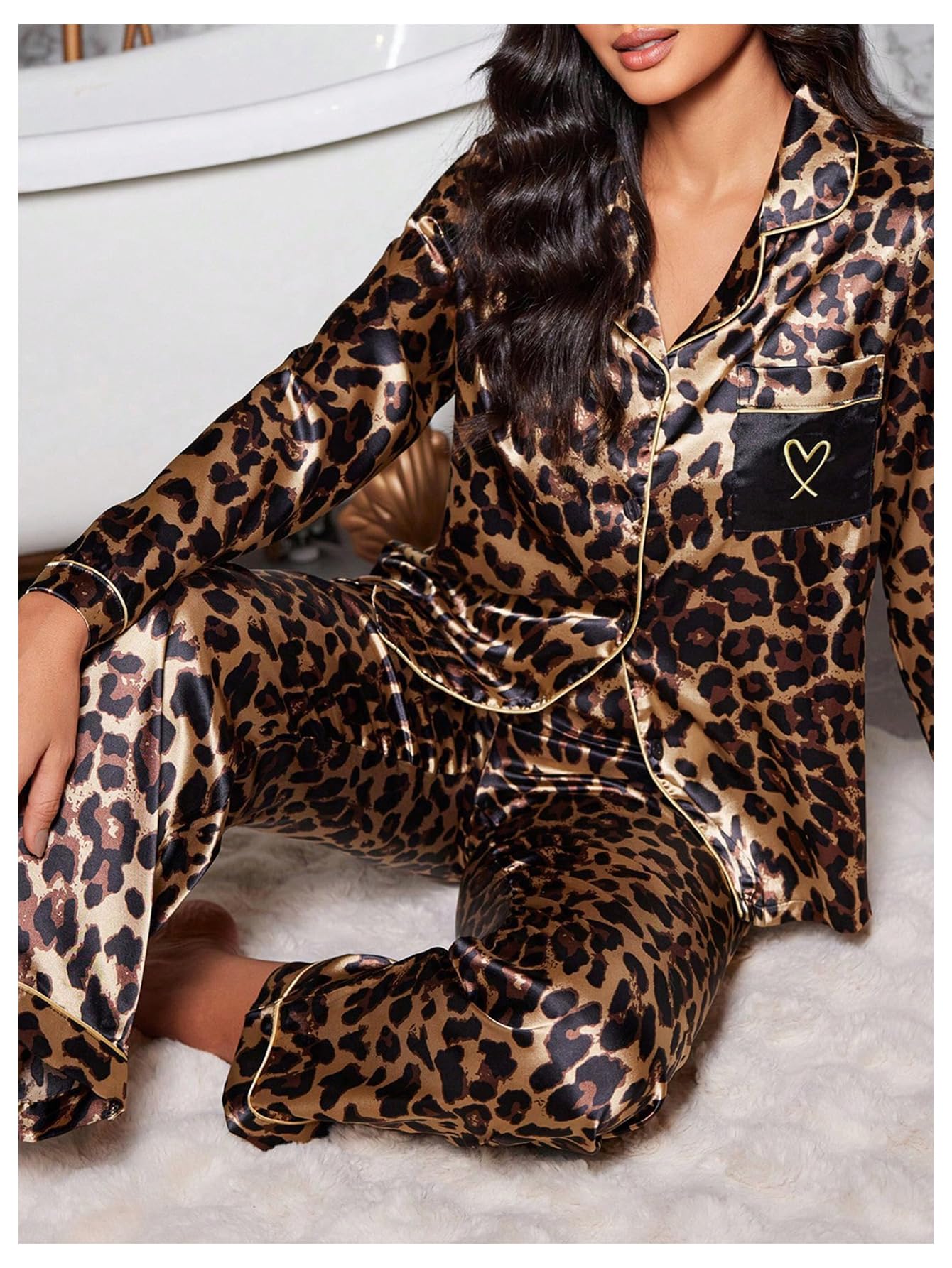 WDIRARA Women's 2 Piece Leopard Print Satin Pajama Set Lounge Sleepwear Set | Animal Print,Leopard Print Satin,Long Sleeve,Button Down,Cheetah Silk Loungewear Pj WEBE CLOTHING