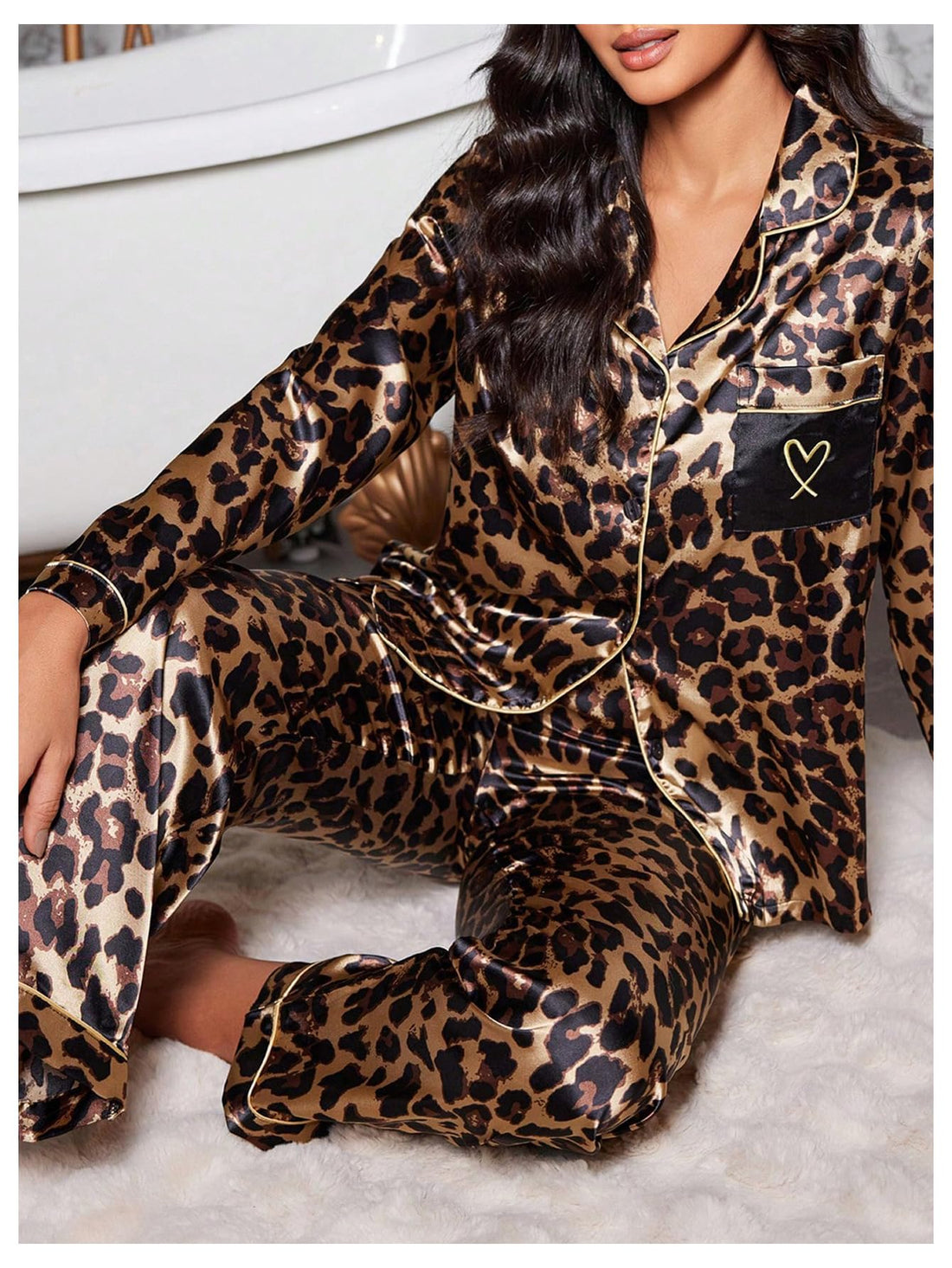 WDIRARA Women's 2 Piece Leopard Print Satin Pajama Set Lounge Sleepwear Set | Animal Print,Leopard Print Satin,Long Sleeve,Button Down,Cheetah Silk Loungewear Pj WEBE CLOTHING