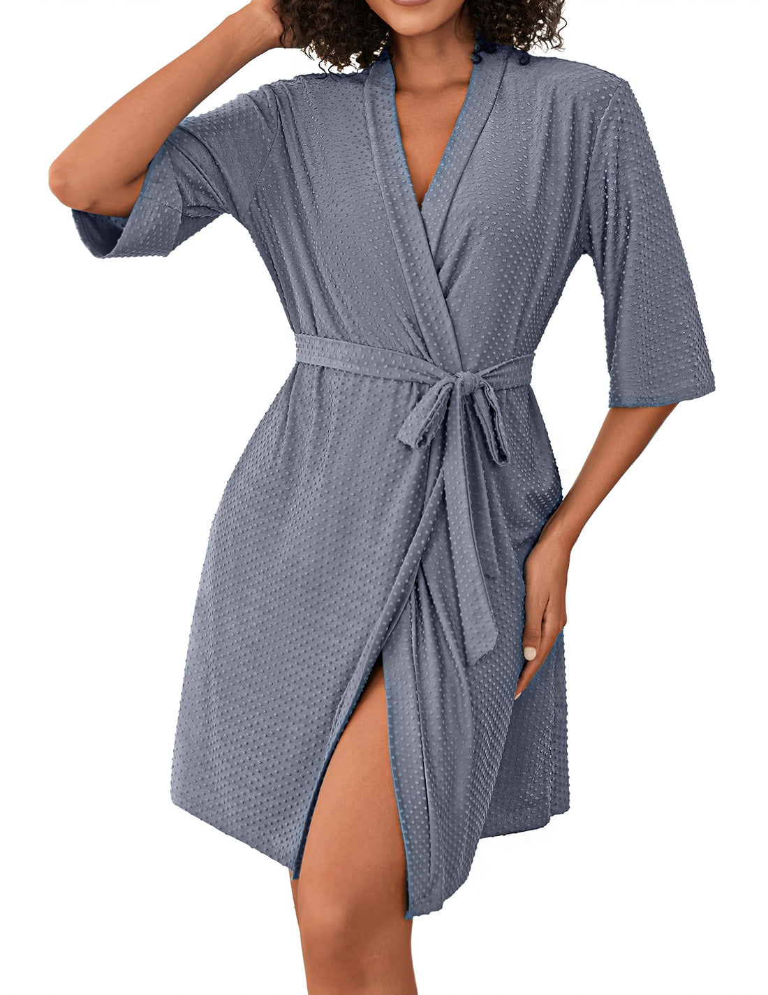 Ekouaer Short Robes for Women Lightweight Bathrobe Kimono Robes Knee Length 3/4 Sleeve Swiss Polka Dot Soft Robe with Pockets