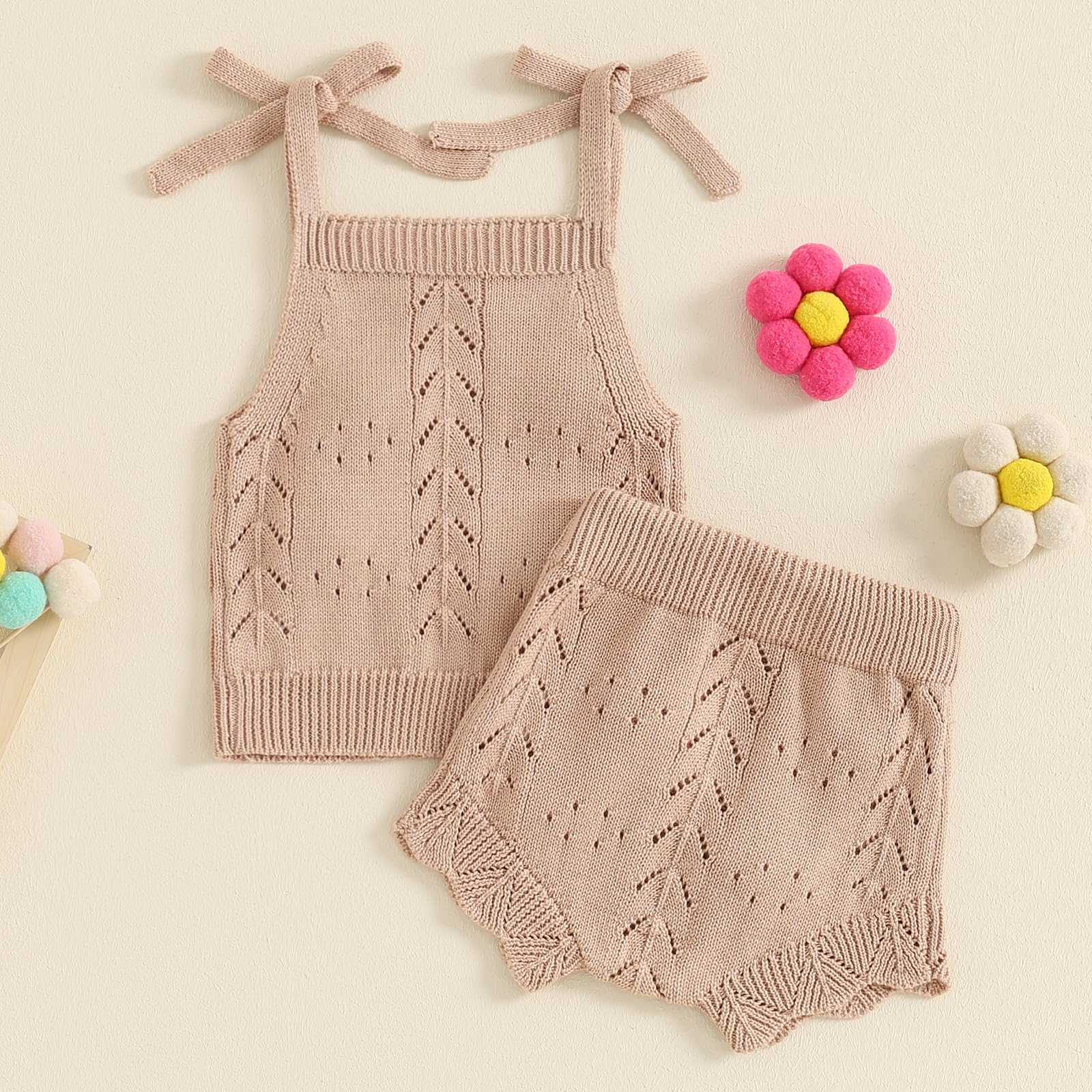 TheFound Toddler Baby Girls Knitted Outfit Tie-up Tank Top Elastic Waist Flower Shorts Summer Clothes 6 12 18 24 Months 2t 3t WEBE CLOTHING