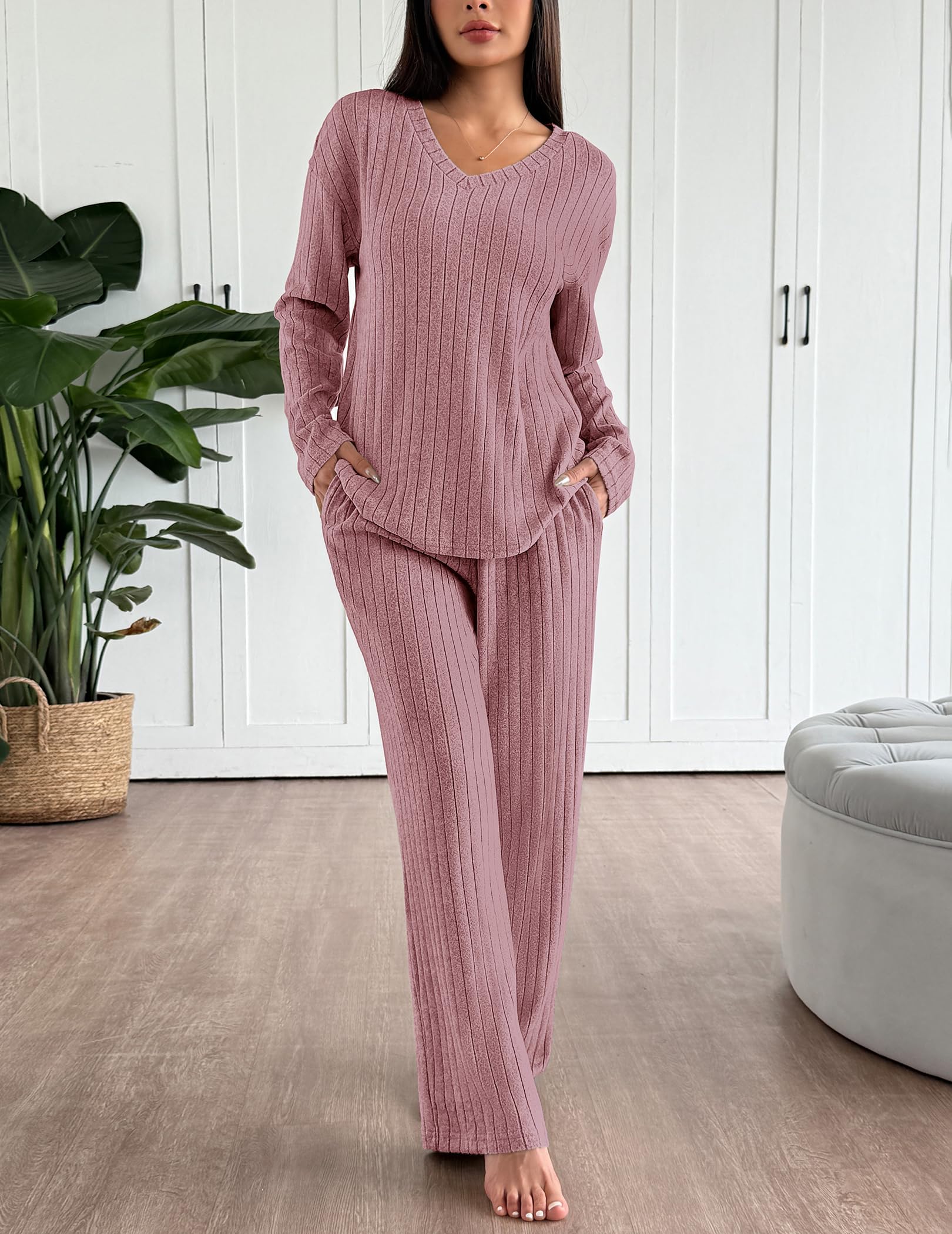 Ekouaer Lounge Sets for Women Long Sleeve Knit Ribbed Pajama Sets 2 Piece Casual Loungewear with Pockets