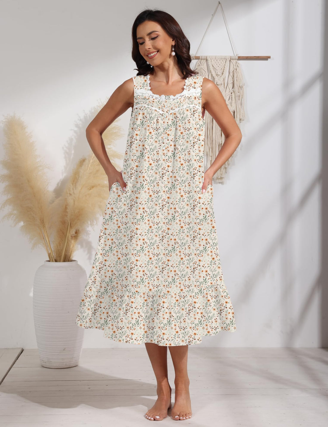 100% Cotton Floral Pearl Snap Nightgown for Women Sleeveless Victorian Sleep Dress Cotton Nightgowns with Pockets WEBE CLOTHING