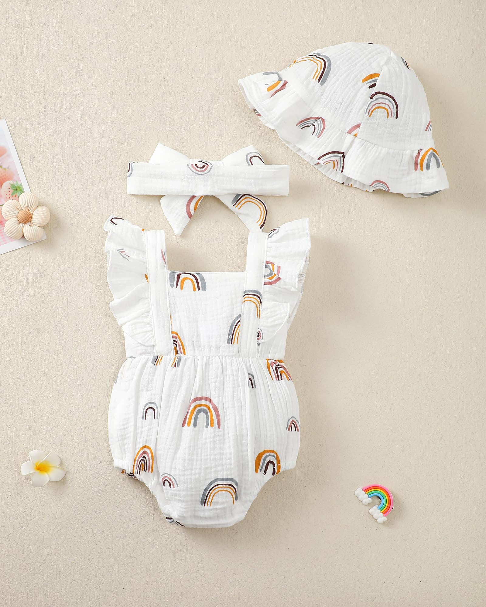 Renotemy Baby Girl Clothes Infant Summer Romper Cotton Linen Newborn Essentials Photography Preemie Outfits with Hat&Headband WEBE CLOTHING