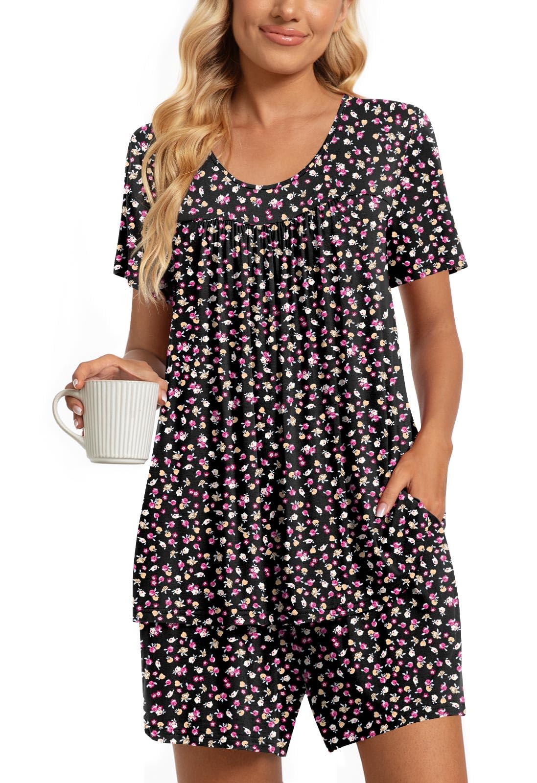 TAOHUADAO 2 Piece Women's Short Sleeve Pajama Sets, Lounge Sleepwear Ladies Pjs Sets with Pockets