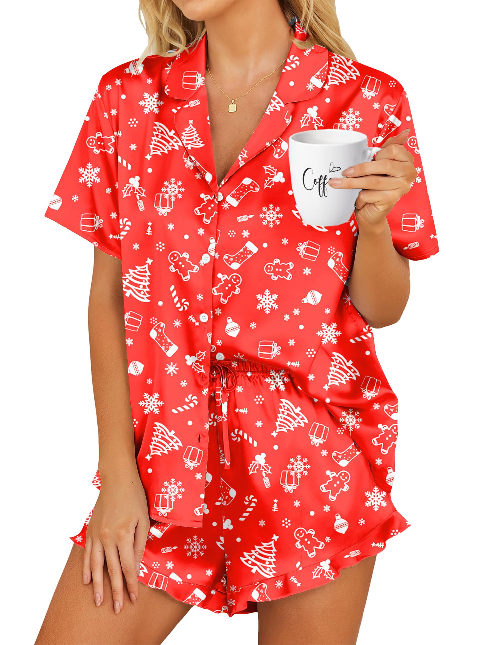 HOTOUCH Womens Satin Pajamas Set Button Down 2 Piece Silk Pjs Shorts Set Ruffle Lingerie Notch Collar Sleepwear