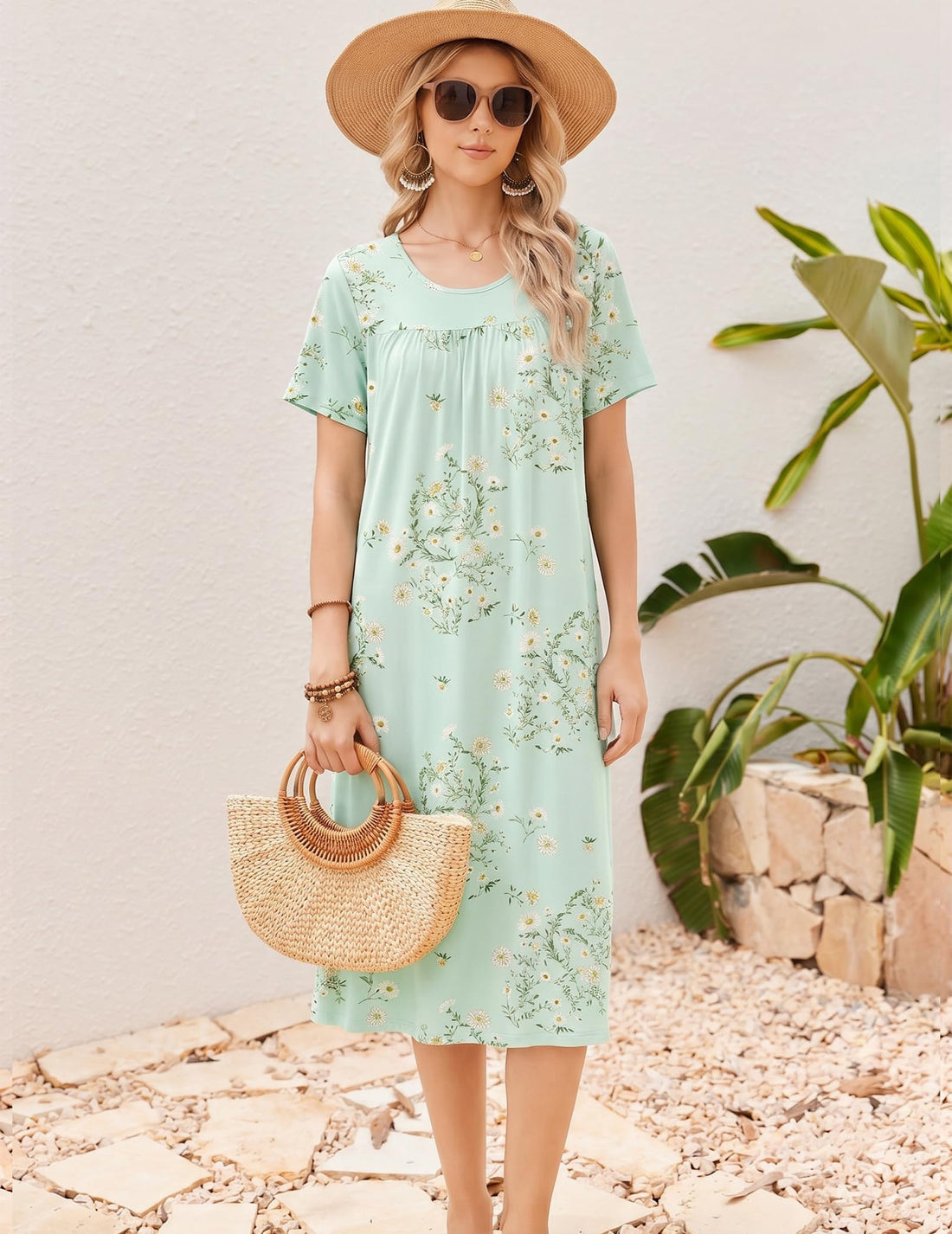 Ekouaer Long Nightgowns for Women Bamboo Viscose Short Sleeve Soft House Dress WEBE CLOTHING