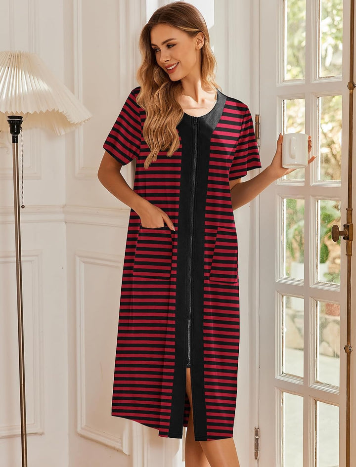 Ekouaer Robes For Women Zipper Bathrobe Short Sleeve Duster With Pockets | Zipper Front House Coat, Lightweight Sleepwear, Plus Size Loungewear, Ladies Nightgown for Mother, Postoperative Gown, Sleep WEBE CLOTHING