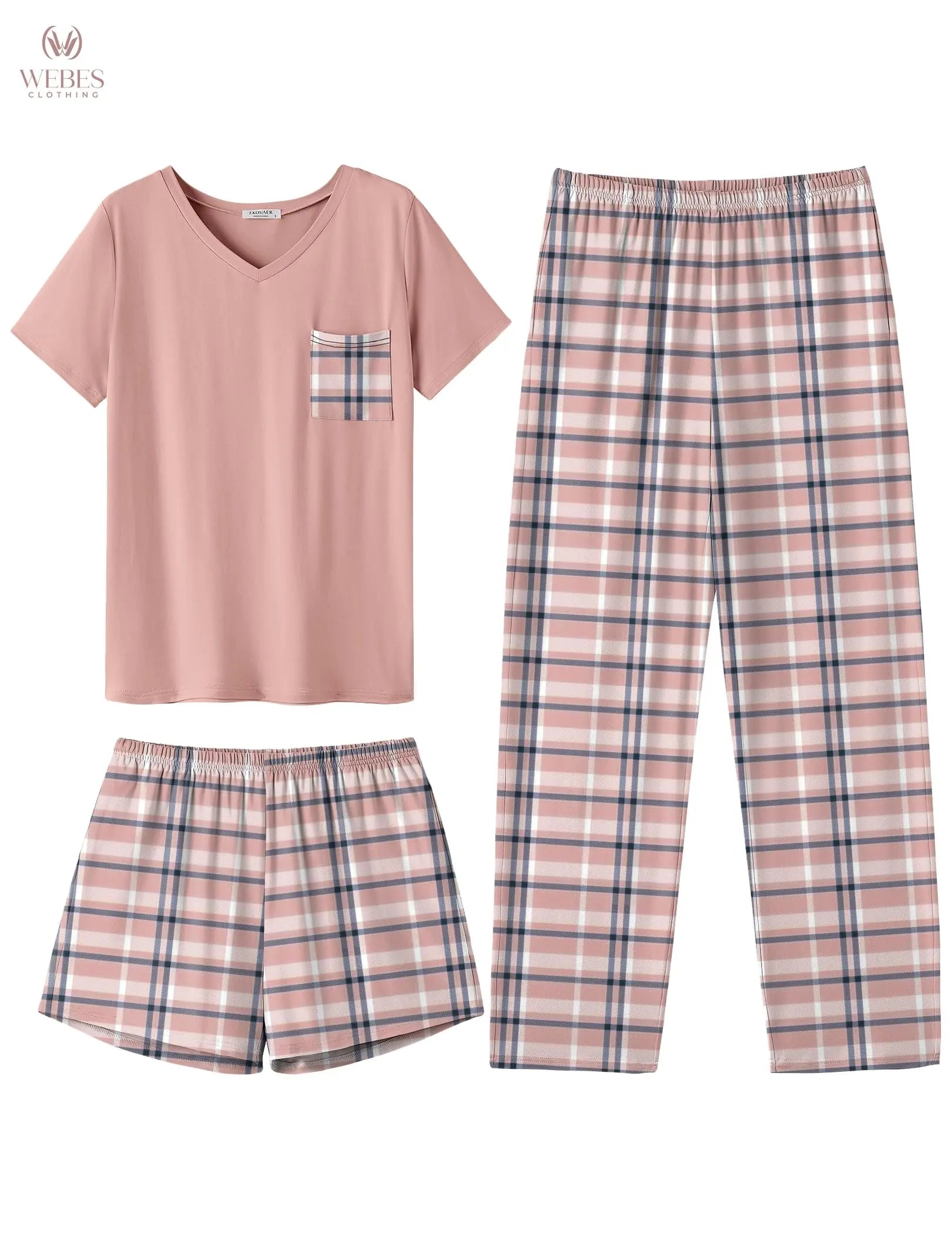 Ekouaer Women's 3 Piece Pajama Set Short Sleeve Sleepwear Pj Set Top and Shorts Pants Pjs with Pockets WEBE CLOTHING