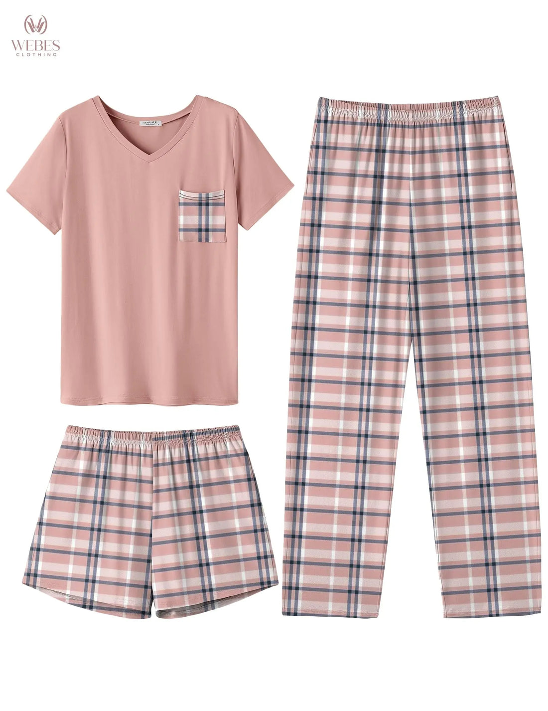 Ekouaer Women's 3 Piece Pajama Set Short Sleeve Sleepwear Pj Set Top and Shorts Pants Pjs with Pockets WEBE CLOTHING