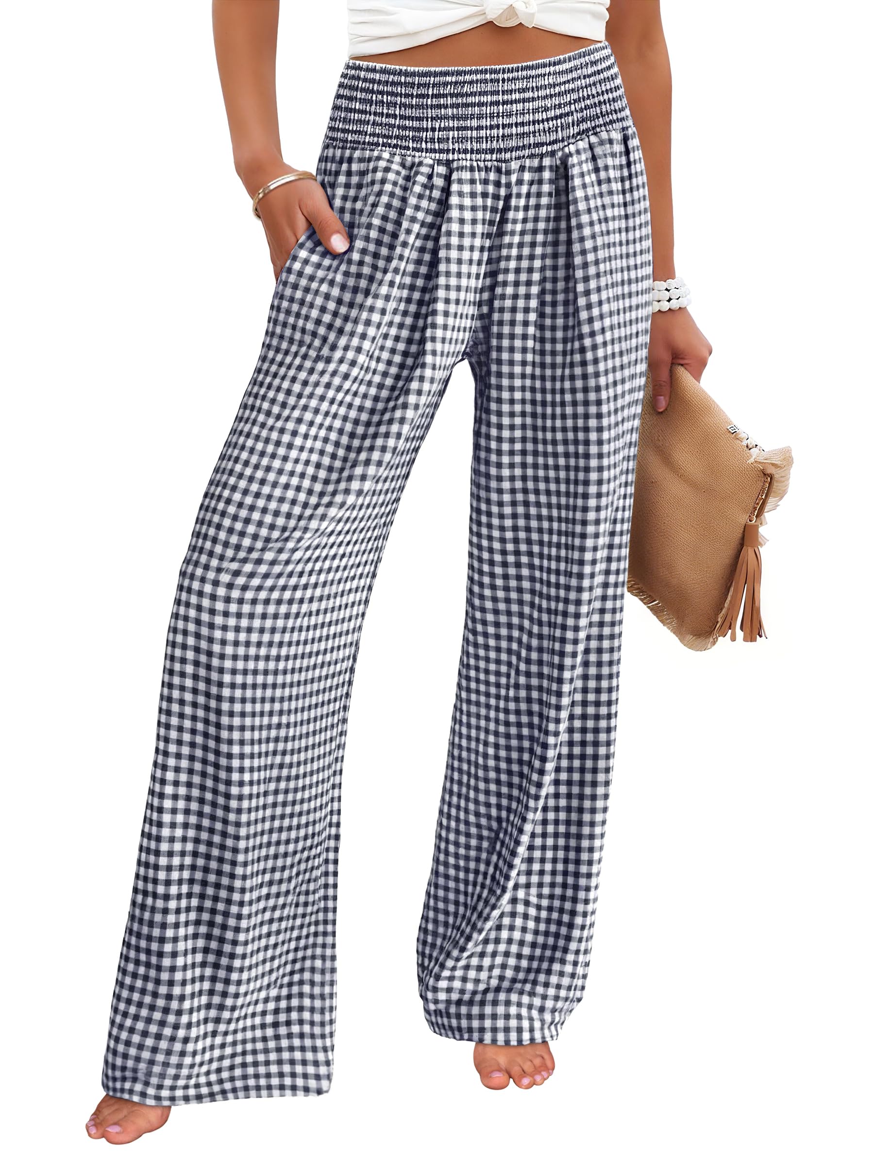 ANRABESS Womens Striped Gingham Palazzo Pants | Wide Leg Smocked High Waisted Pajama Pants, Lounge & Casual, Summer Fall Cute Pants with Pockets